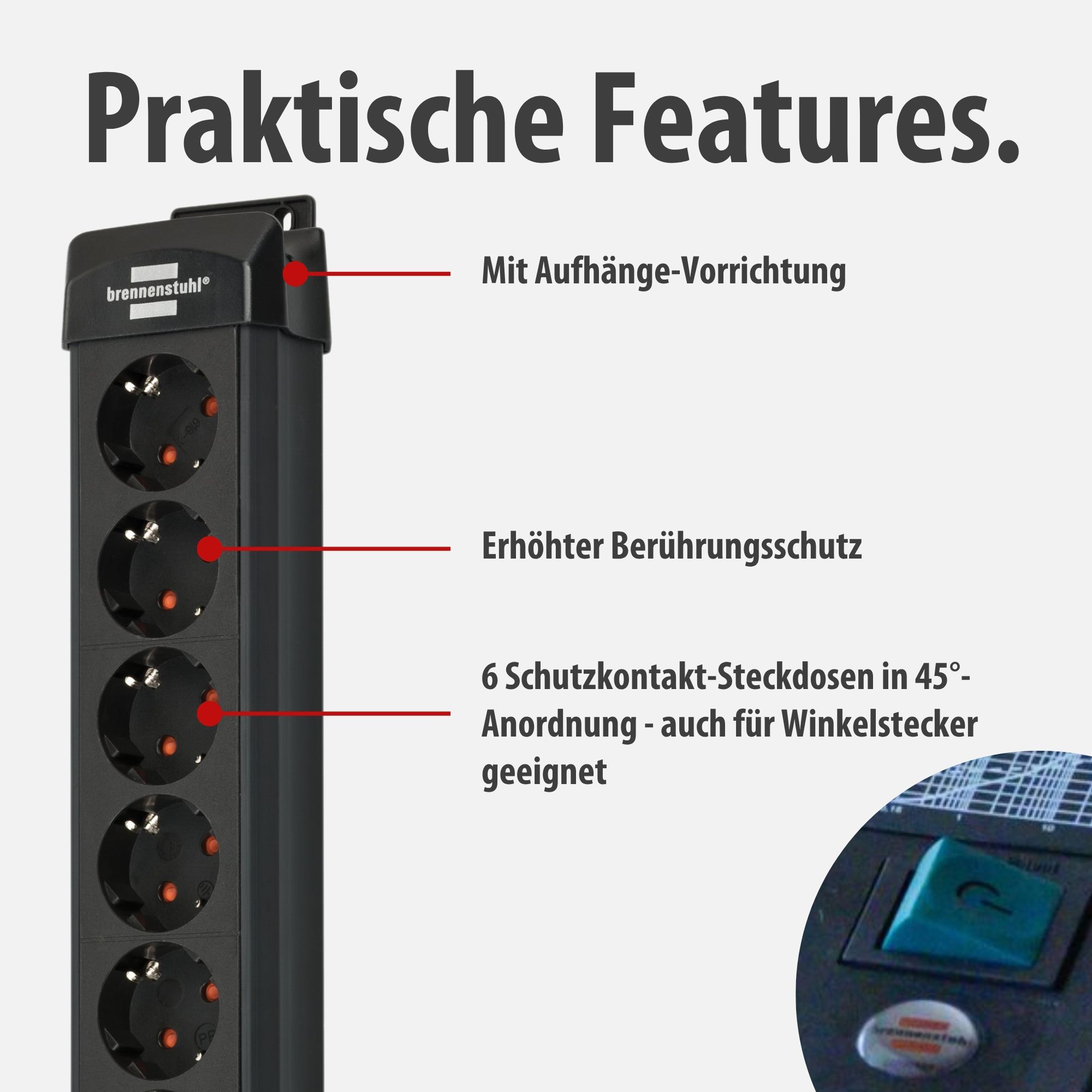 Schwarze Steckdosenleiste mit 6 Steckplätzen, Aufhängevorrichtung und erhöhtem Berührungsschutz.