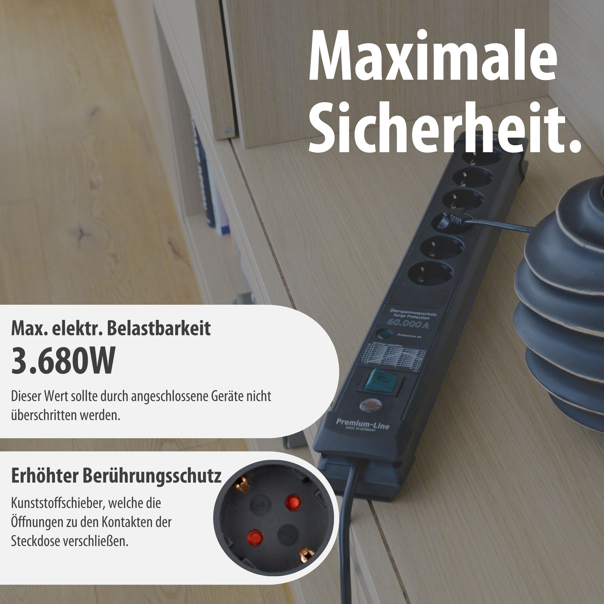 Schwarze Steckdosenleiste mit 6 Steckplätzen, maximaler Belastbarkeit 3.680W.