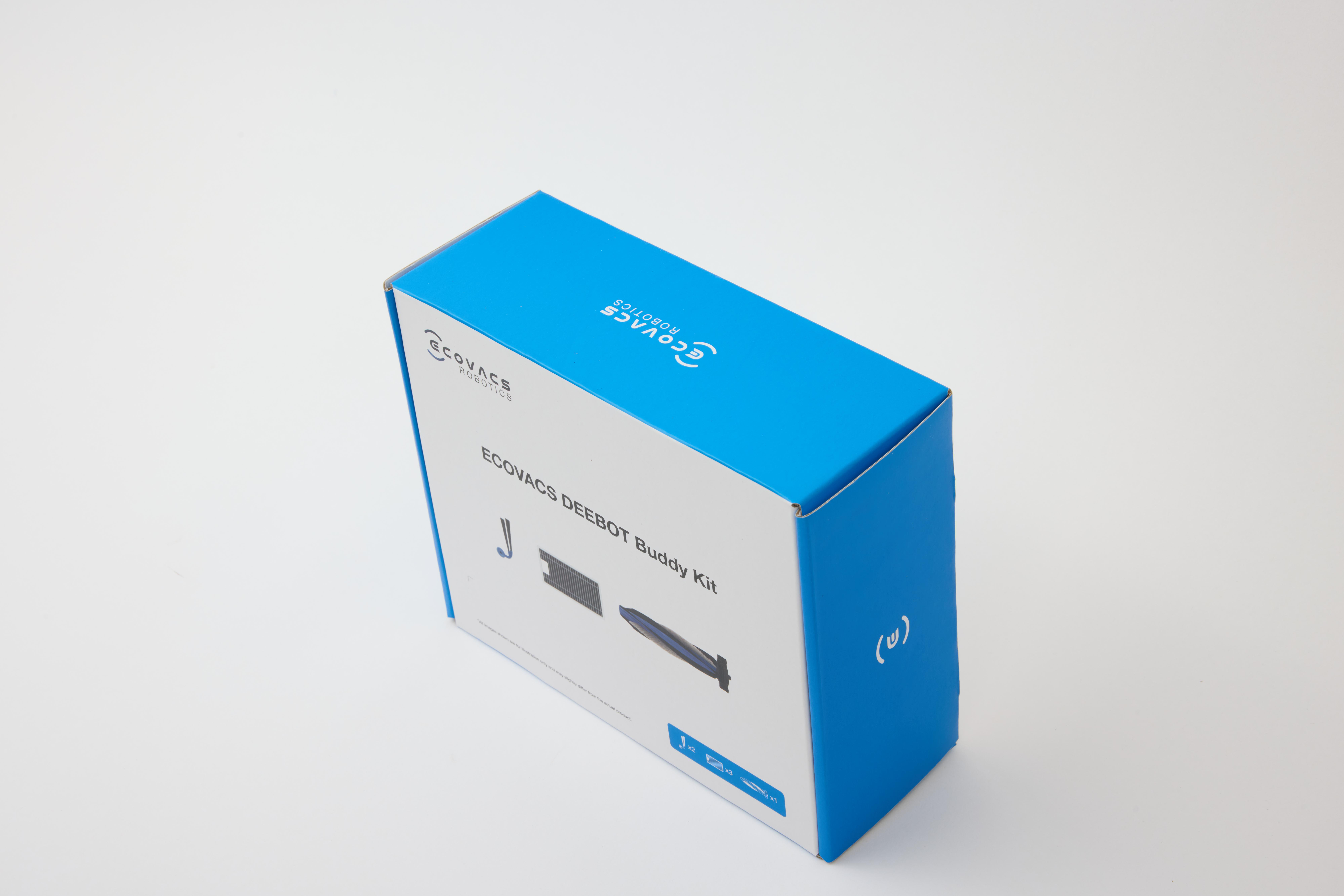 Eine blaue ECOVACS DEEBOT Buddy Kit Box mit Produktabbildungen.