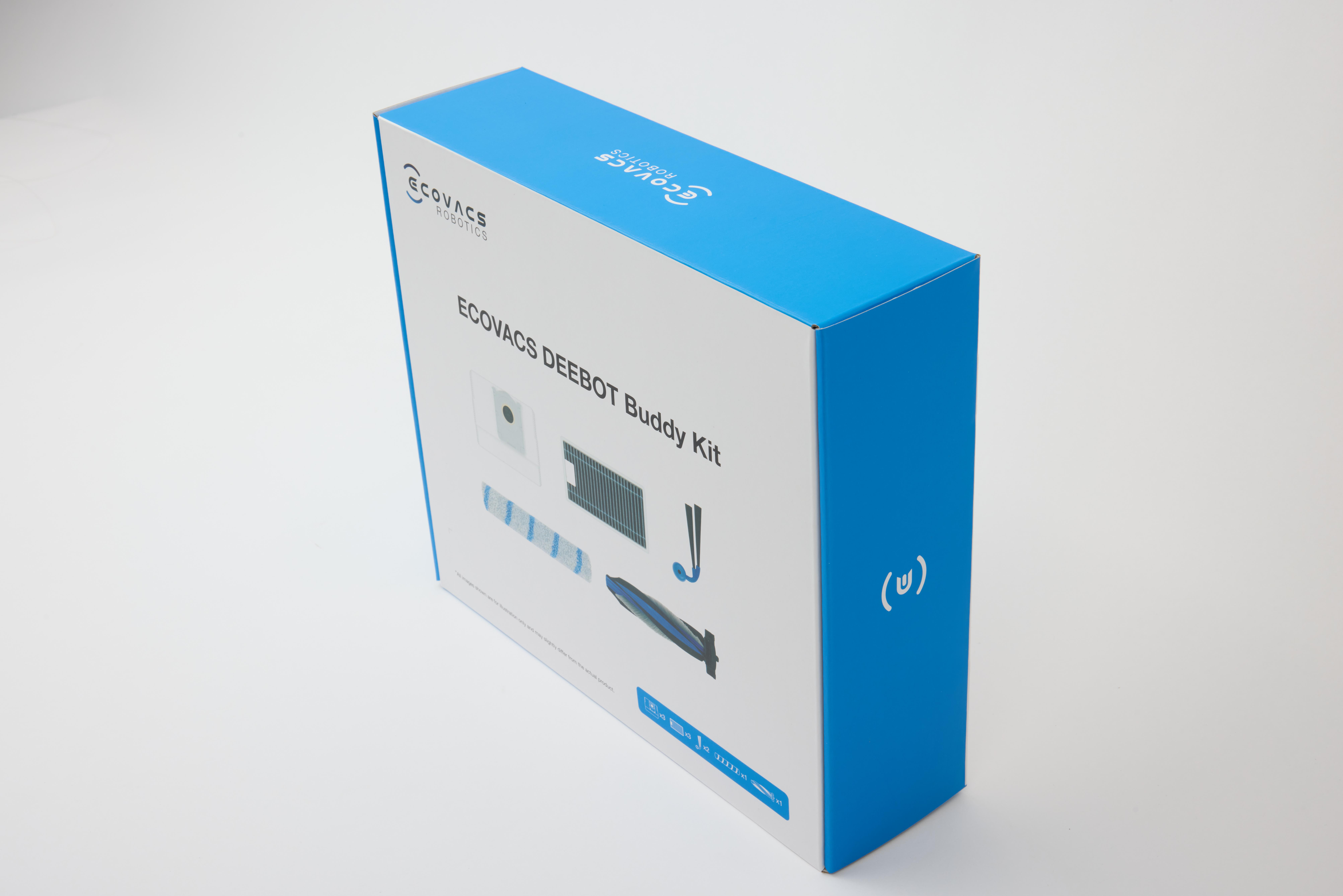 Verpackung für ein ECOVACS DEEBOT Buddy Kit mit abgebildeten Zubehörteilen.