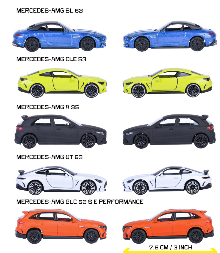 Fünf Reihen von Mercedes-AMG-Modellautos: blau, gelb, schwarz, weiß, orange.