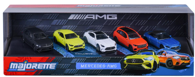 Majorette Mercedes-AMG Spielzeugauto-Set mit fünf Modellen: schwarz, gelb, weiß, orange, blau.