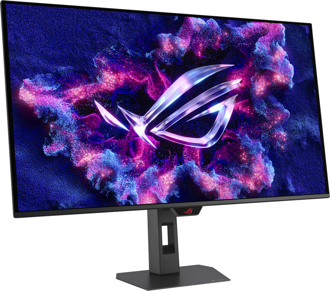 Un moniteur affichant le logo ROG sur fond de particules bleues et violettes.