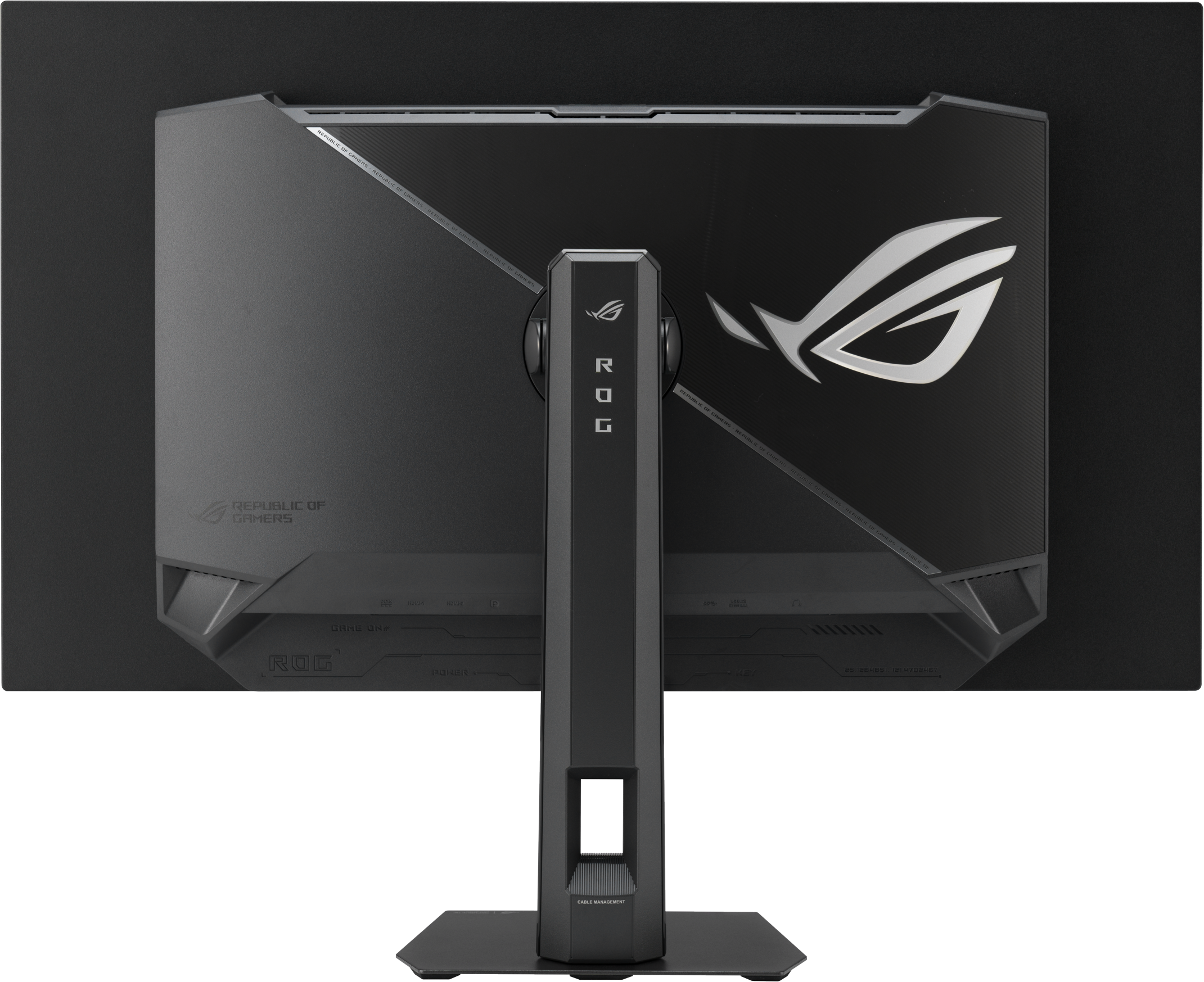 Arrière d'un moniteur gaming noir avec logo ROG et pied.