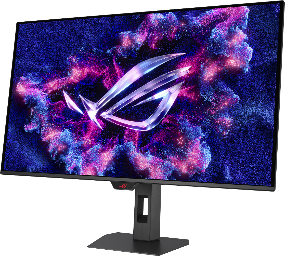 Un moniteur moderne avec un logo ROG sur fond de particules bleues et violettes.