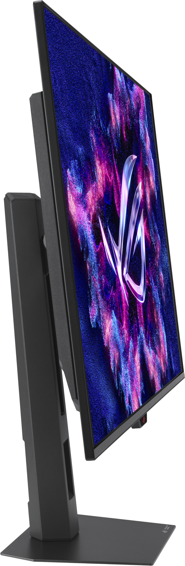 Un écran d'ordinateur noir avec un logo ROG et un fond violet-bleu.