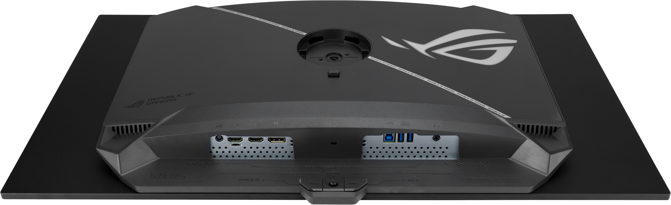 Arrière d'un moniteur noir montrant les ports et le logo ROG.