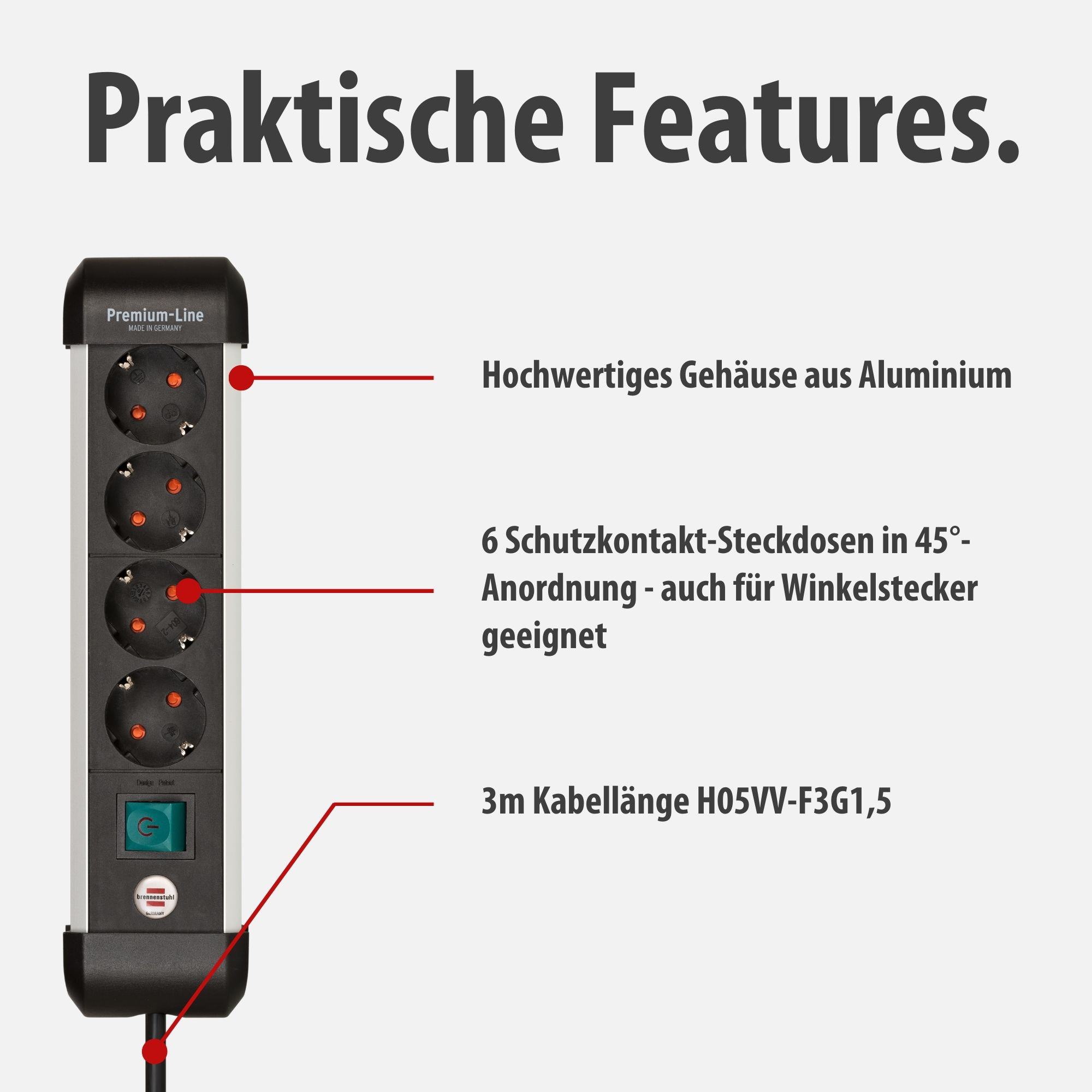 Eine schwarze Steckdosenleiste mit sechs Steckplätzen und einem grünen Schalter.