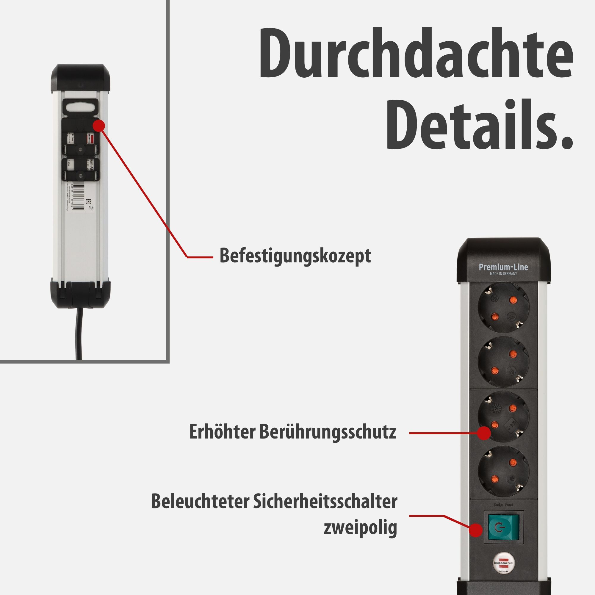 Eine Steckdosenleiste mit Steckdosen, Schalter und Befestigungskonzept.