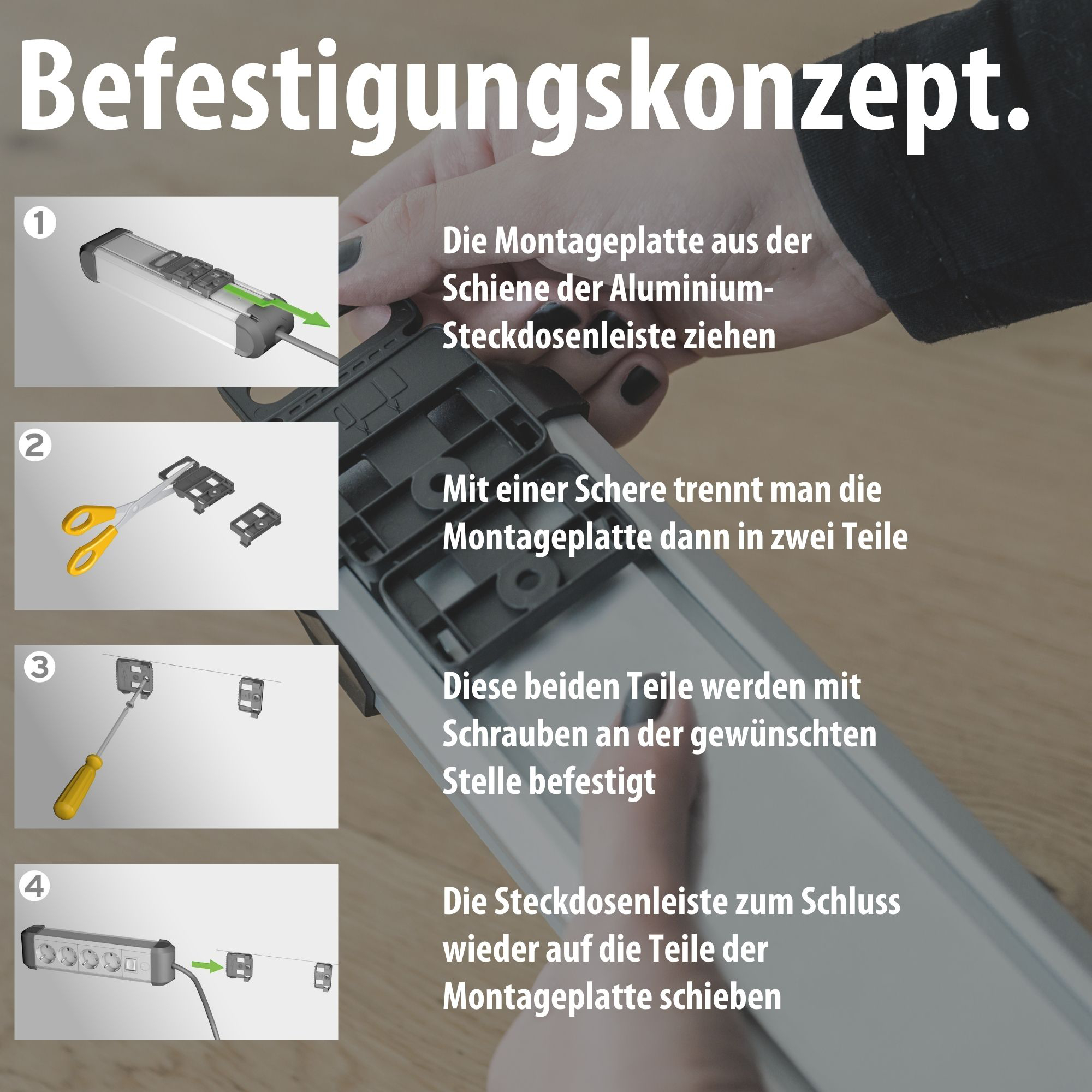 Anleitung: Montageplatte ziehen, trennen, schrauben, aufschieben.