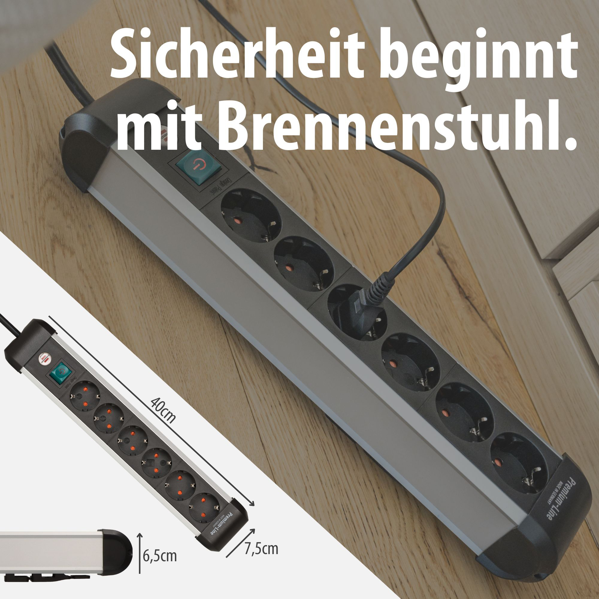 Eine Mehrfachsteckdose mit Schalter und Länderspezifikationen.