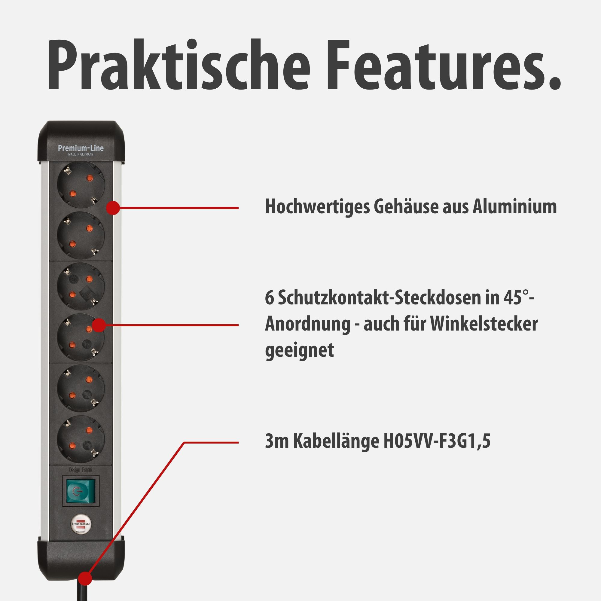 Eine silber-schwarze Steckdosenleiste mit sechs Steckplätzen und einem Schalter.