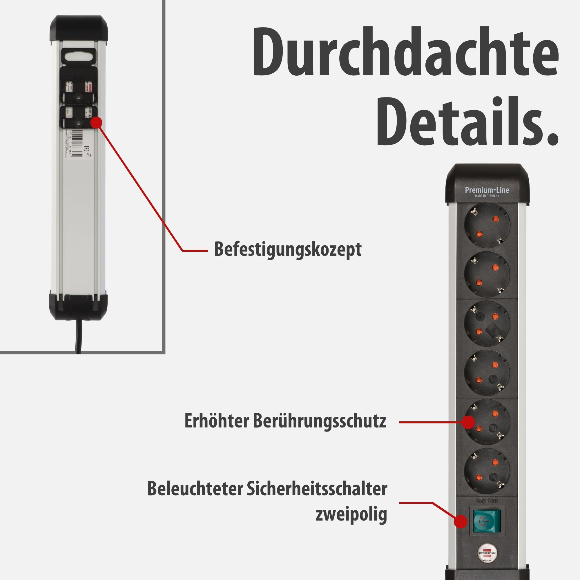 Eine Steckdosenleiste mit sechs Steckplätzen und beleuchtetem Schalter.