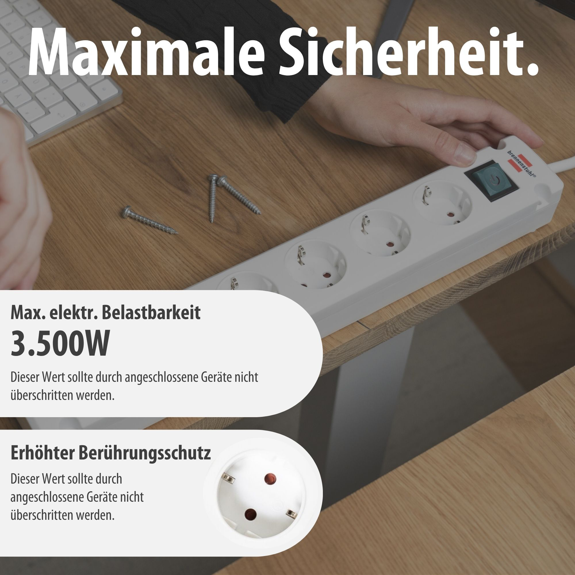 Steckdosenleiste mit 3.500W Belastbarkeit und erhöhtem Berührungsschutz.