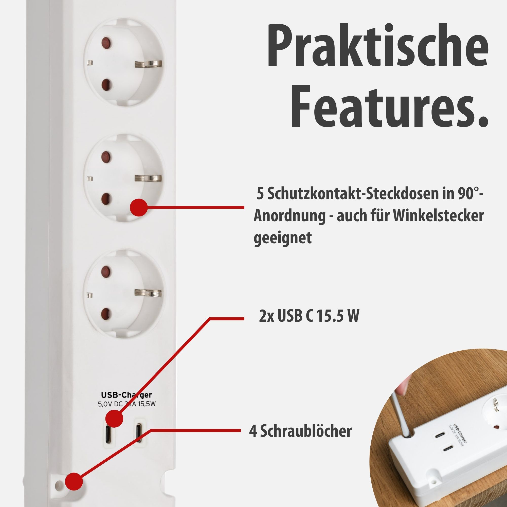 Weiße Steckdosenleiste mit 5 Steckplätzen, 2 USB-C-Anschlüssen und 4 Schraublöchern.