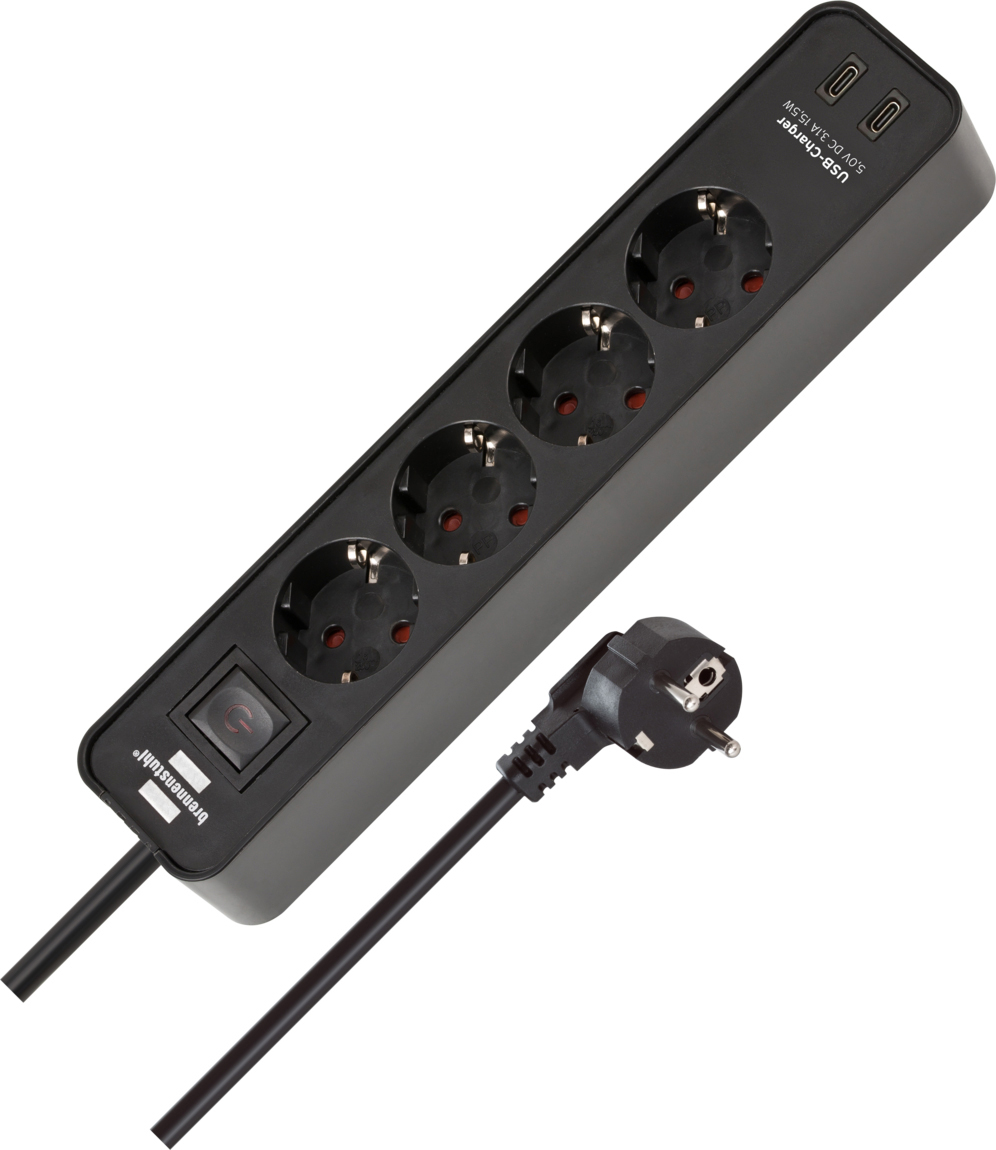 Schwarze Steckdosenleiste mit vier Steckplätzen, Schalter, zwei USB-Anschlüssen und Stecker.