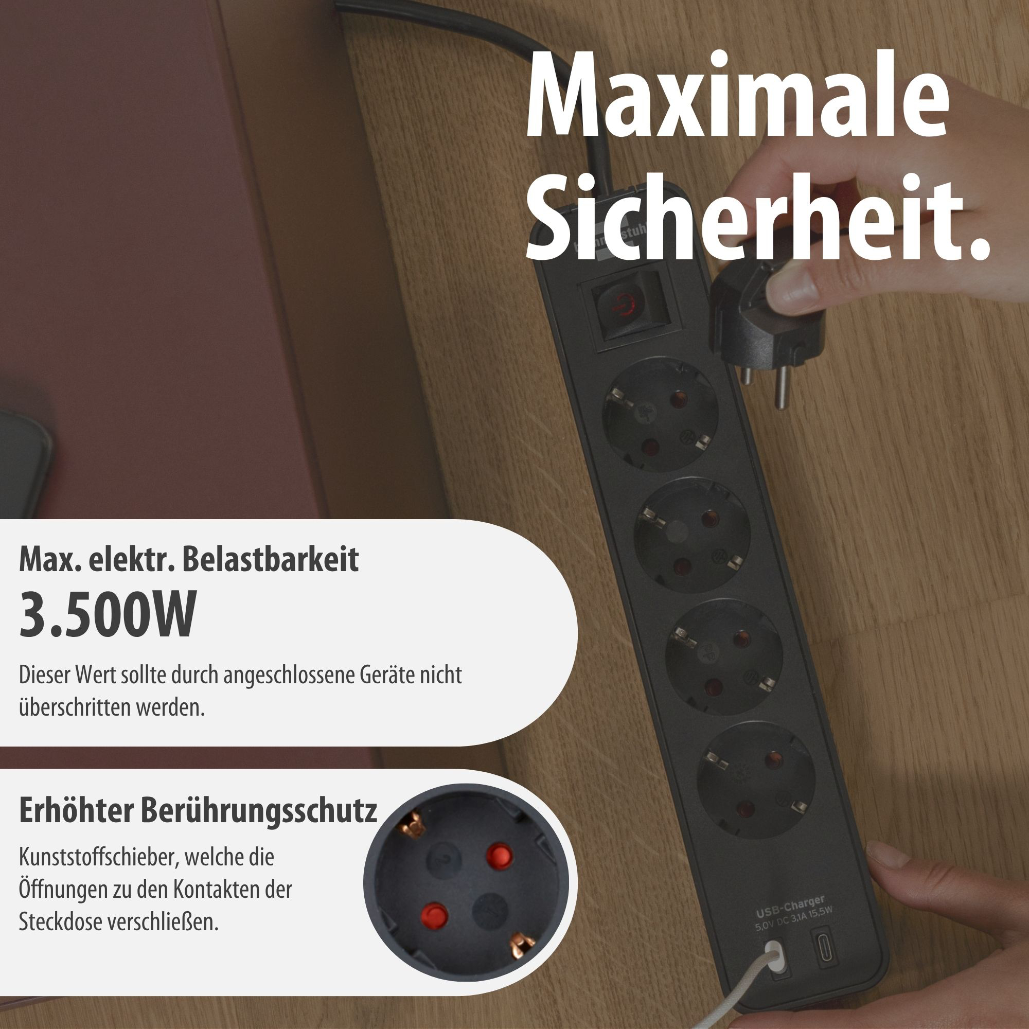 Schwarze Mehrfachsteckdose mit Kinderschutz und 3500W Belastbarkeit.