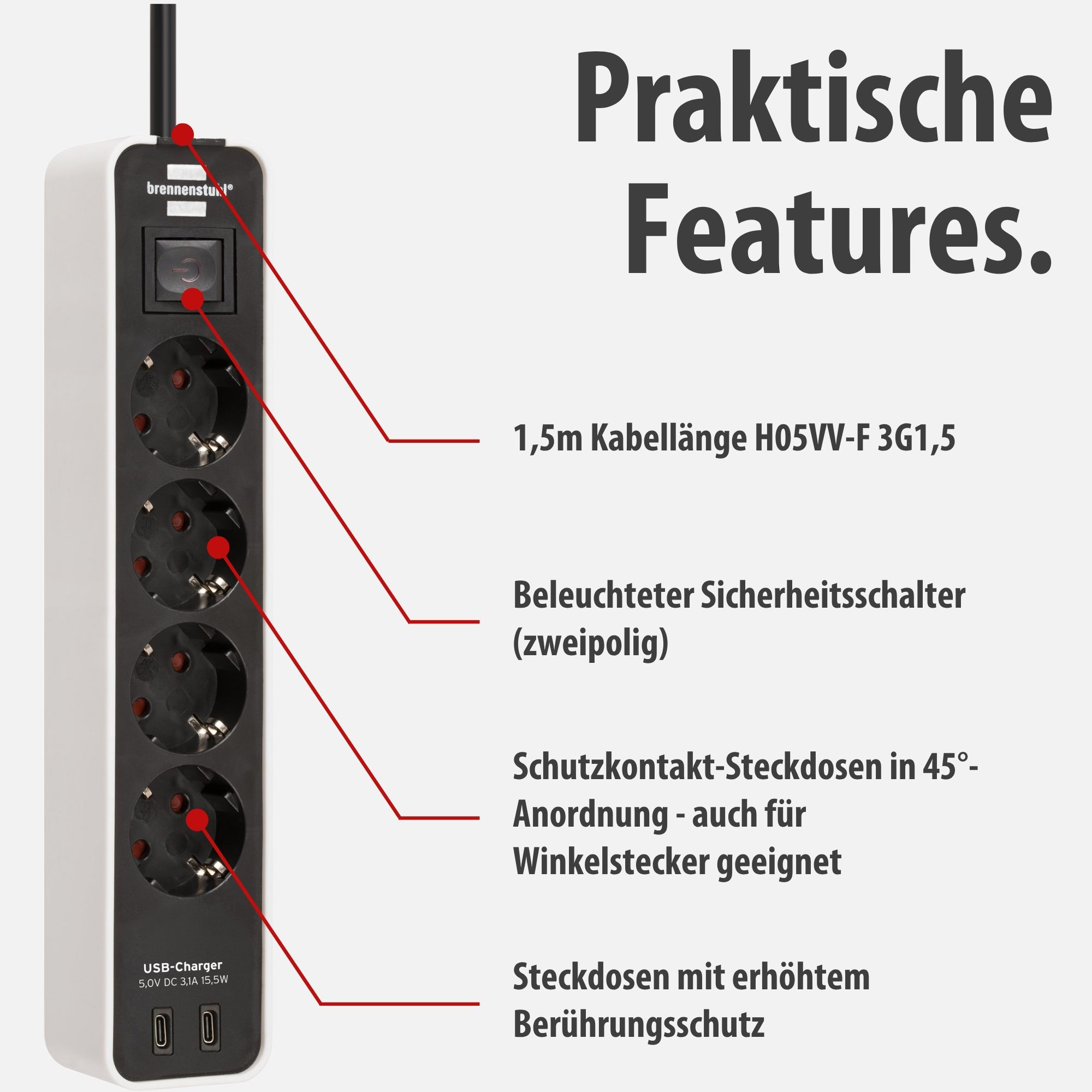 Weiße Steckdosenleiste mit 4 Steckplätzen, USB-Anschluss und Schalter.