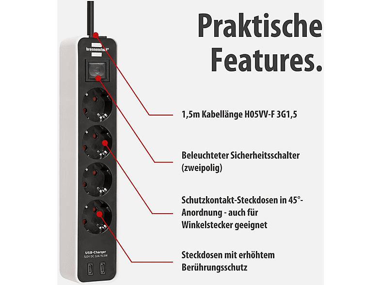 Brennenstuhl 1153240126 Steckdosenleiste mit Schalter Weiß, Schwarz Schutzkontakt 1 St.