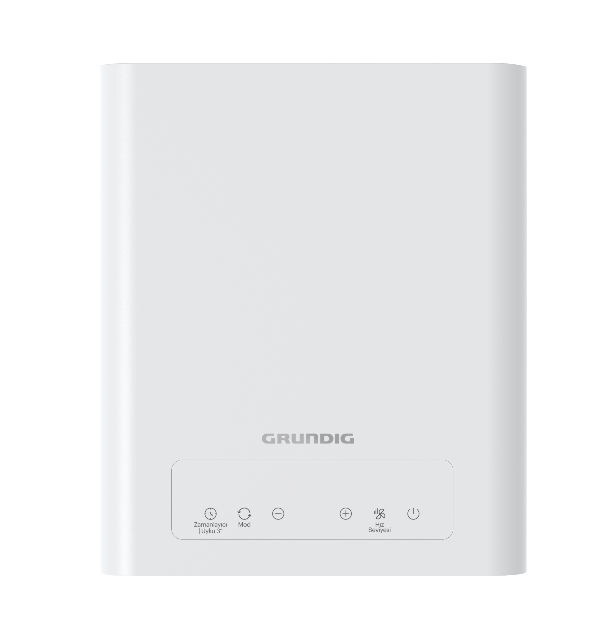 Grundig logosu ve zamanlayıcı ile hız ayarları gibi kontrolleri olan beyaz cihaz.