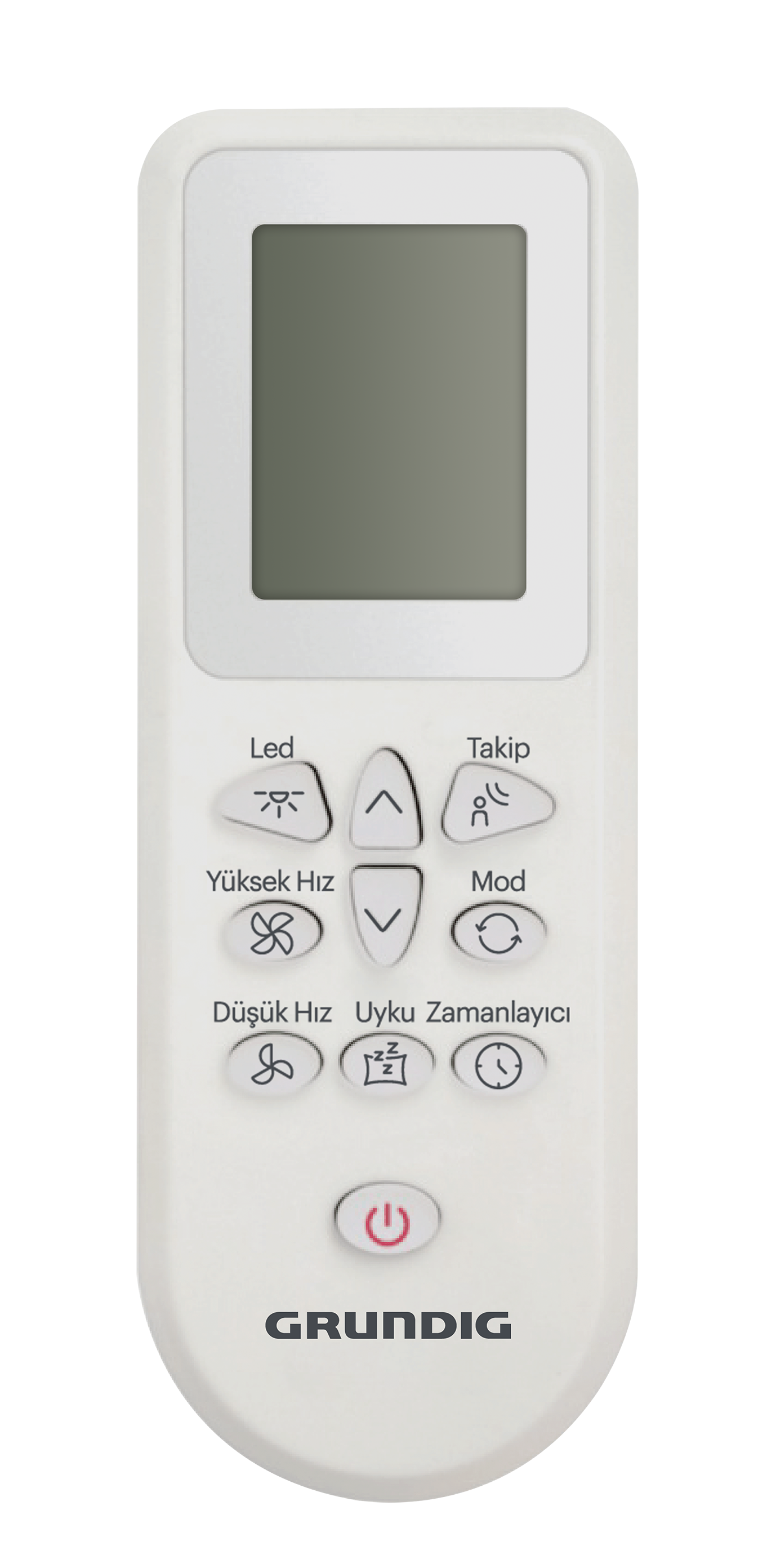 LCD ekranlı beyaz uzaktan kumanda, fan, mod ve zamanlayıcı düğmeleri.