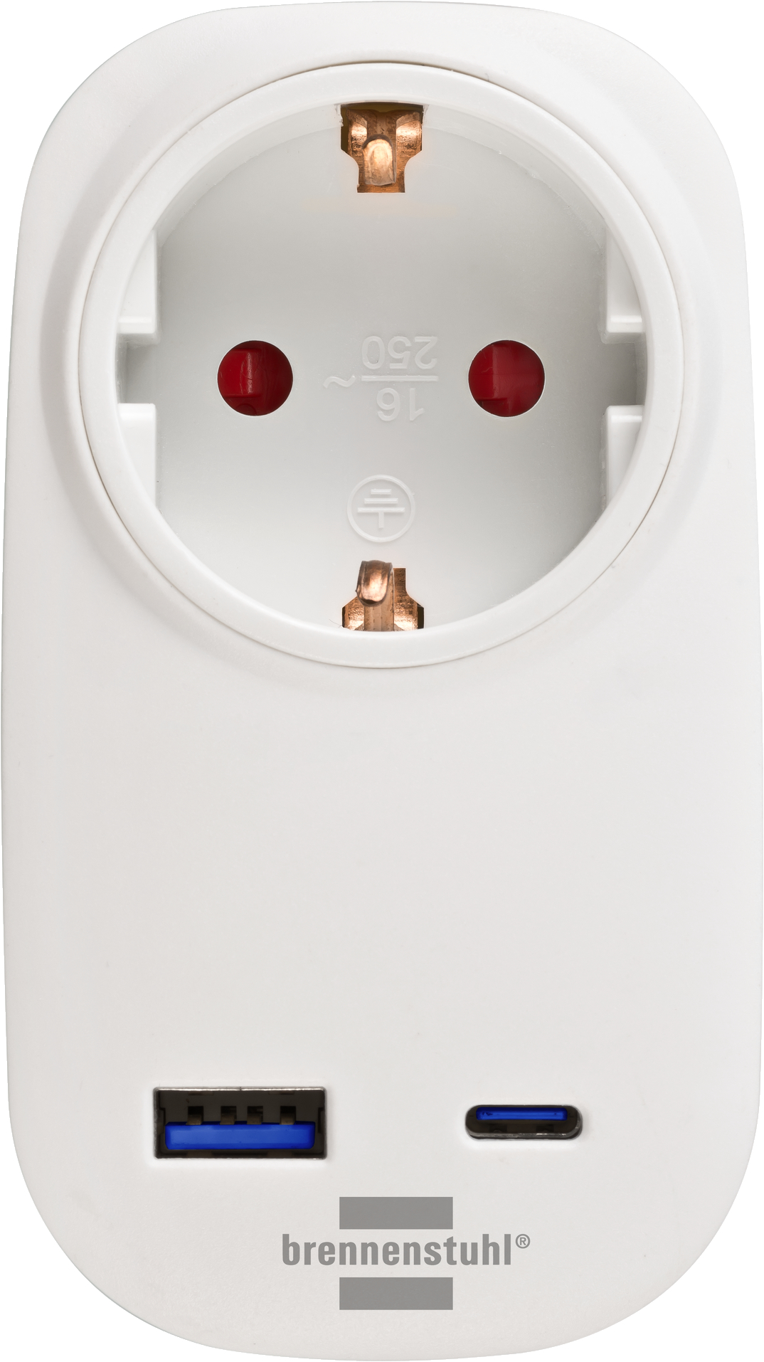 Weiße Steckdose mit USB-A und USB-C-Anschlüssen. Brennenstuhl-Logo unten.
