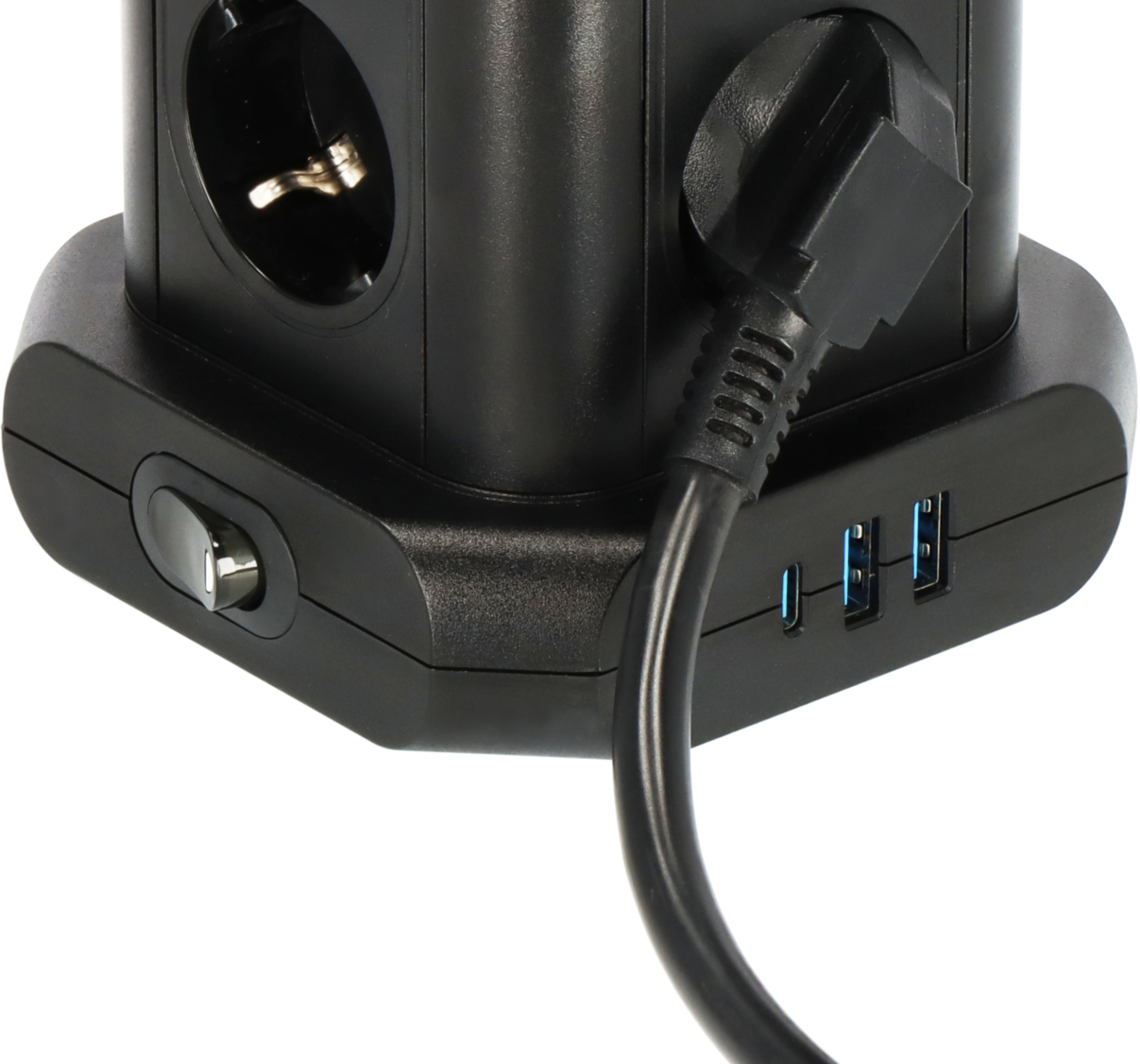 Schwarzes Stromverteiler mit Schalter, Steckdosen und USB-Anschlüssen.