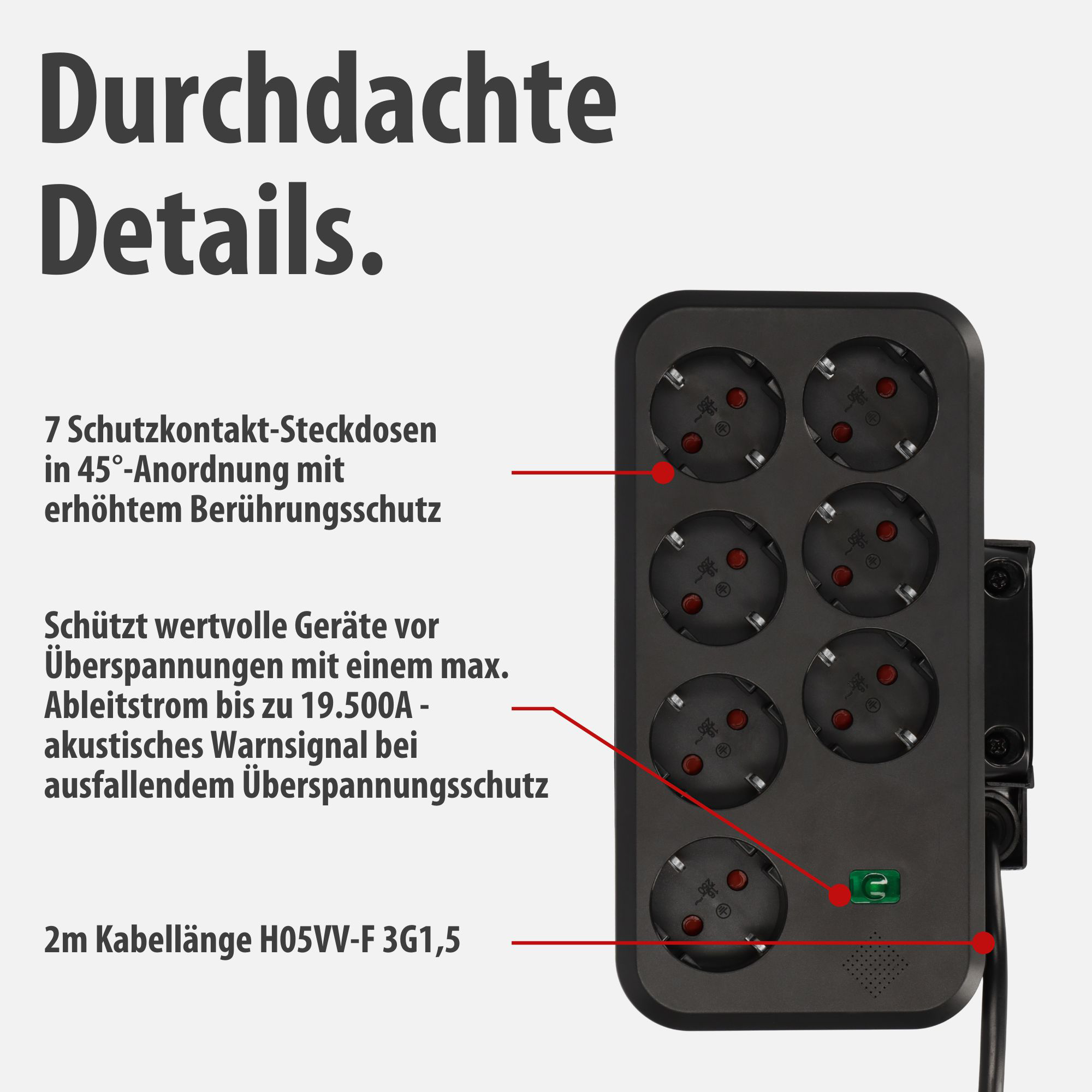 Schwarze Steckdosenleiste mit 7 Steckplätzen und grüner LED-Anzeige.