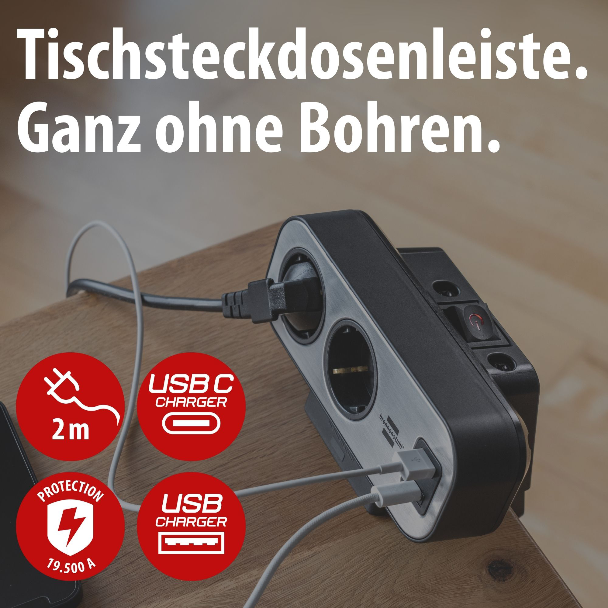 Tischsteckdosenleiste mit USB-C und USB-Anschlüssen, 2m Kabel.