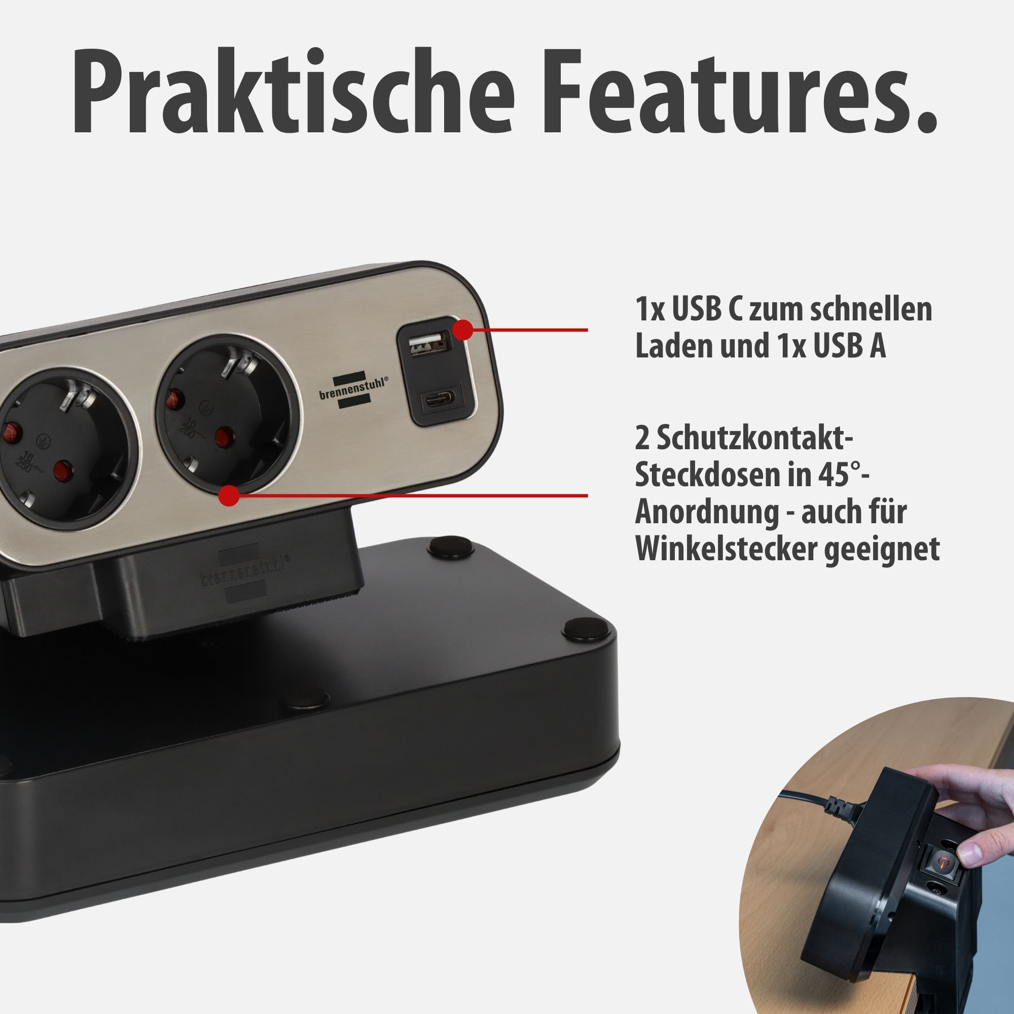Schwarze Steckdosenleiste mit zwei Steckdosen und USB-Anschlüssen.