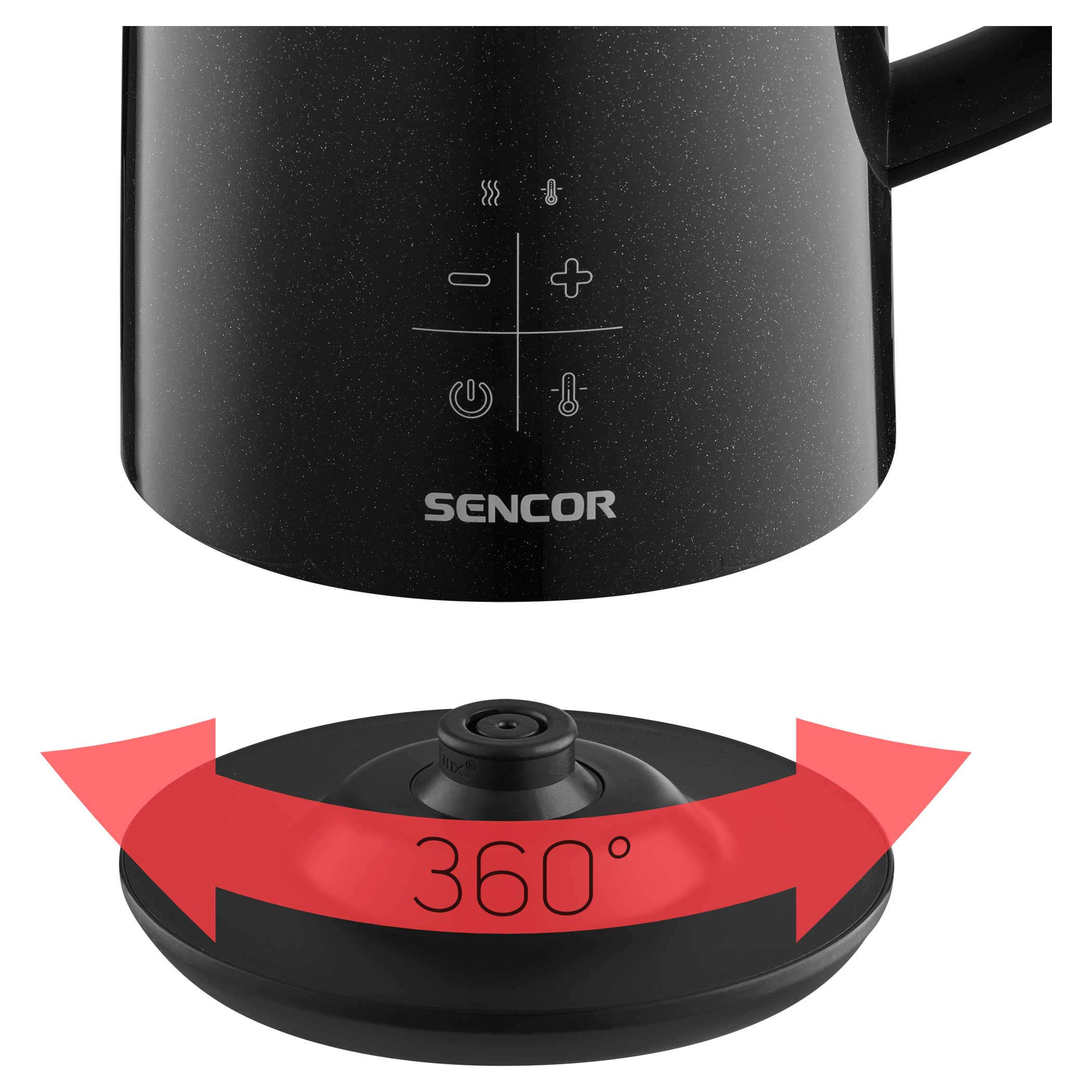Fekete vízforraló kezelőszervekkel és 360°-os talppal, piros nyíllal.