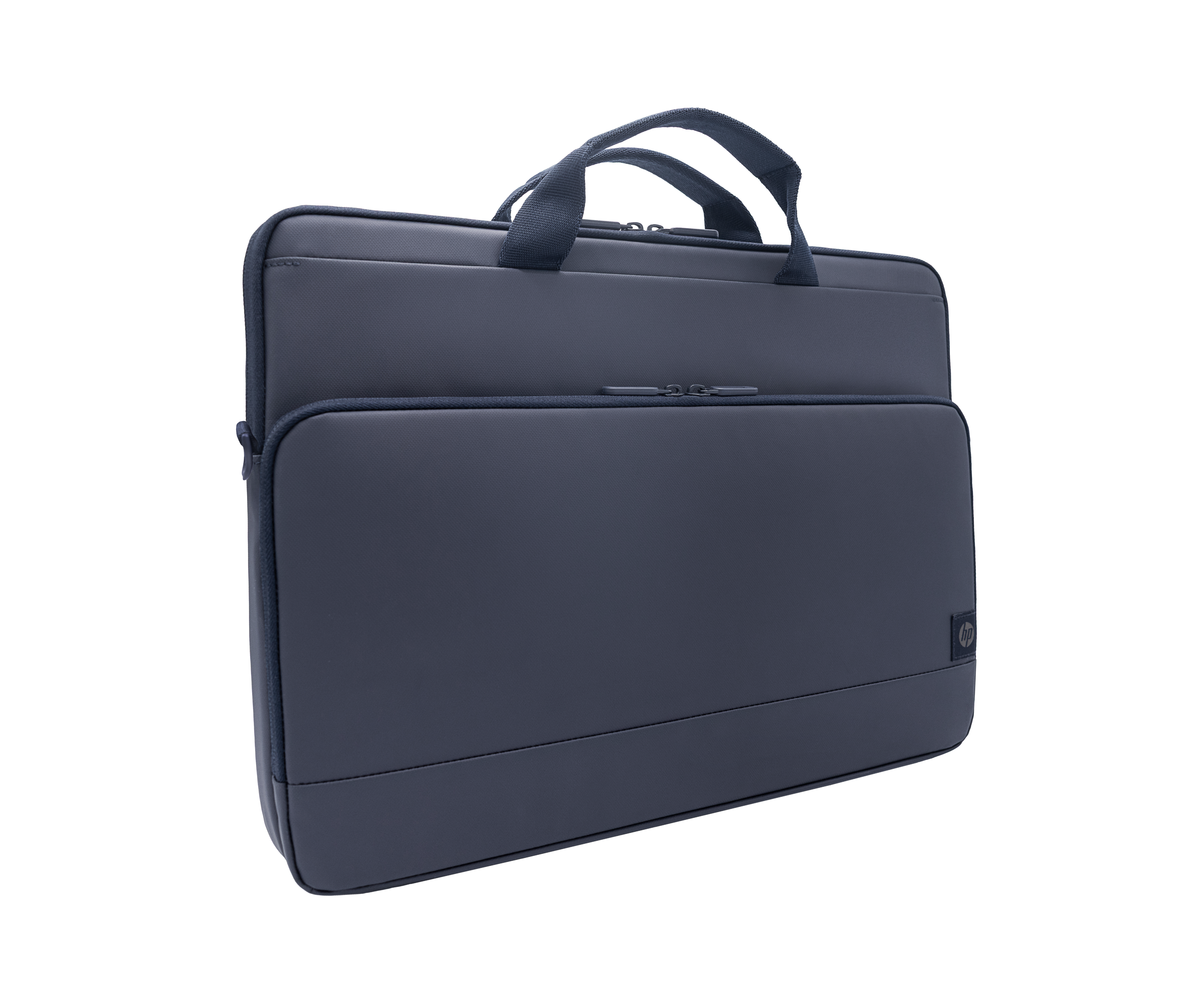 Dunkelgraue Laptoptasche mit zwei Henkeln und Reißverschluss.