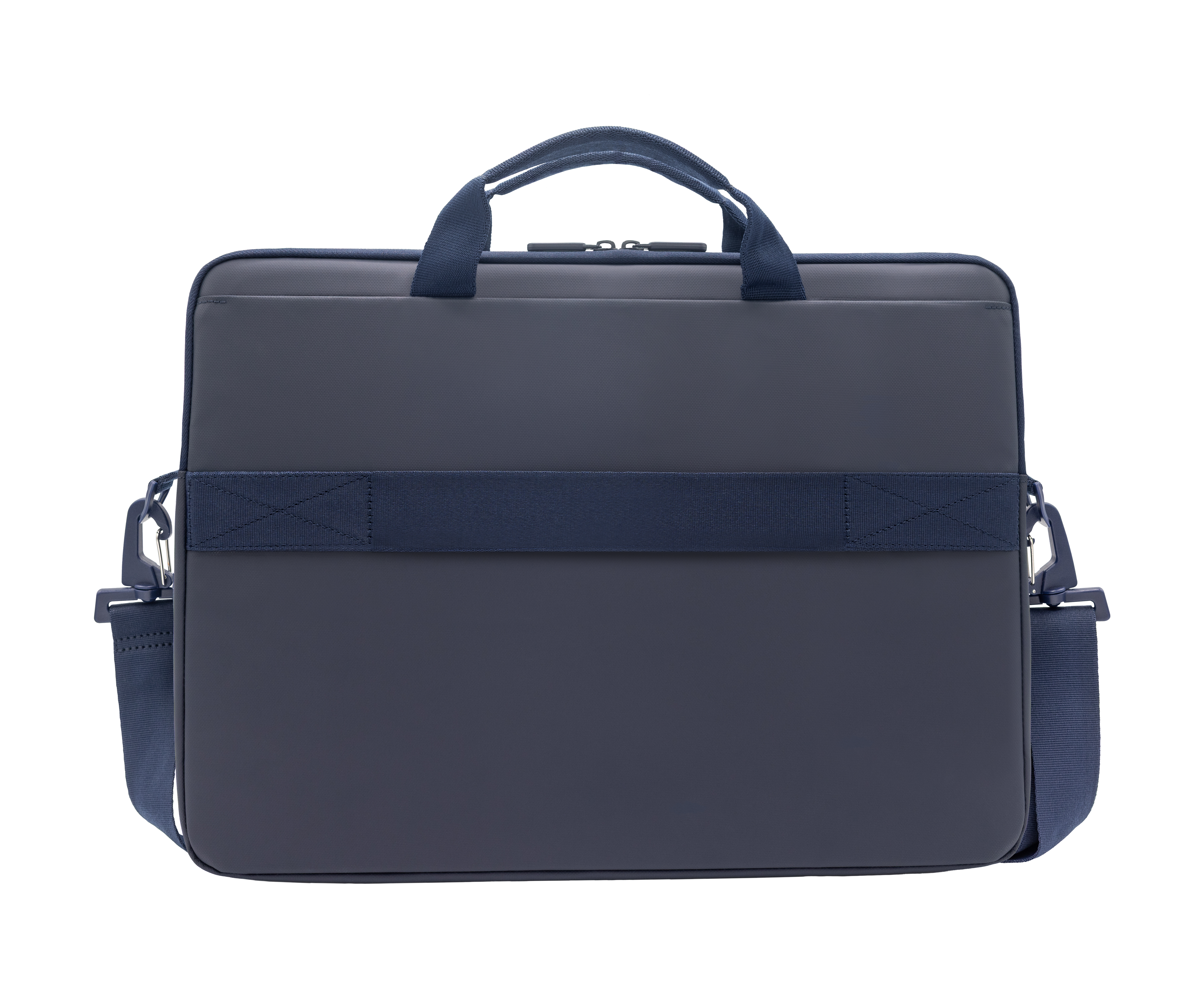 Eine dunkelblaue Laptoptasche mit zwei Henkeln und einem langen Schultergurt.