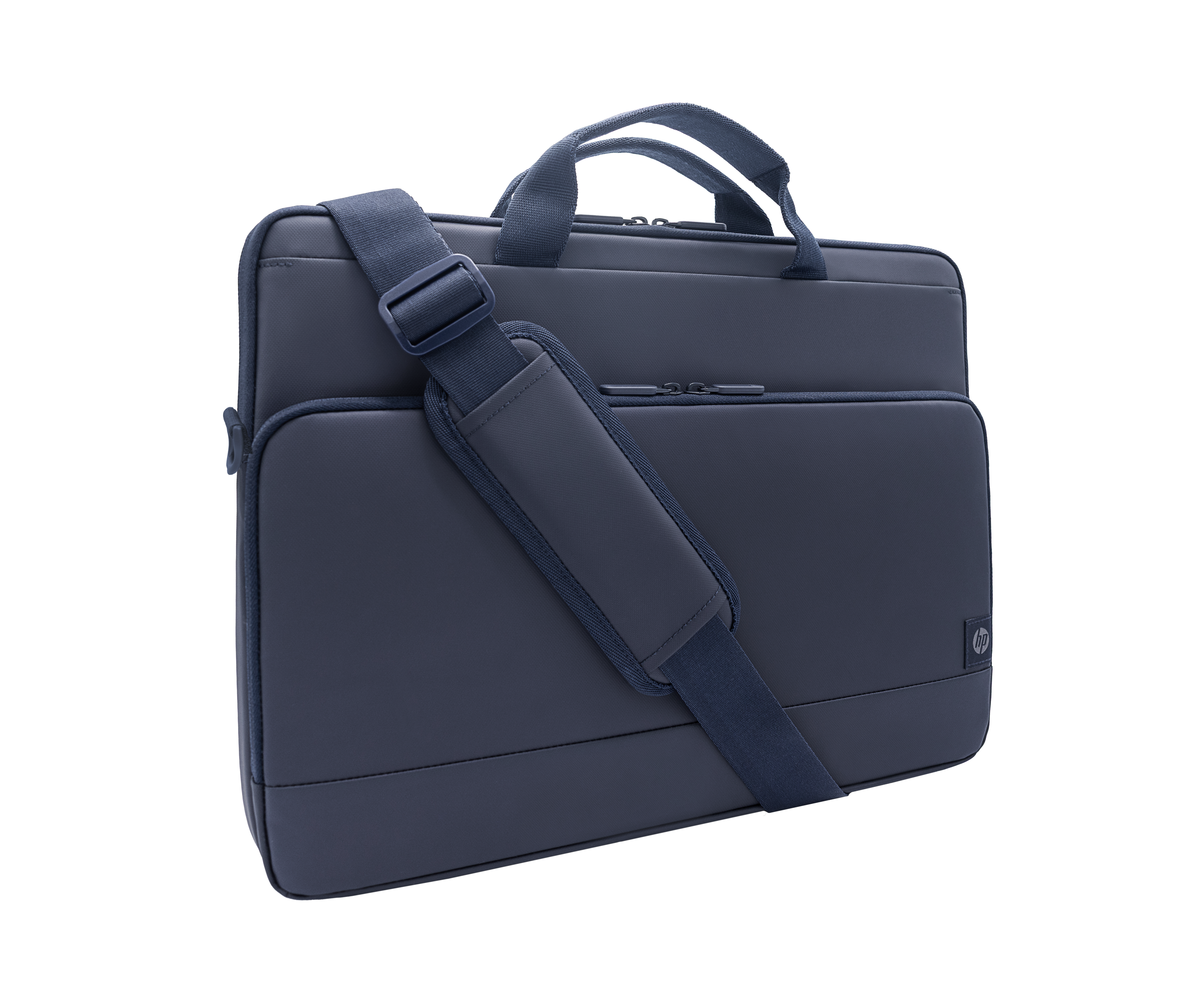 Eine dunkelblaue Laptoptasche mit Henkeln und einem Schultergurt.