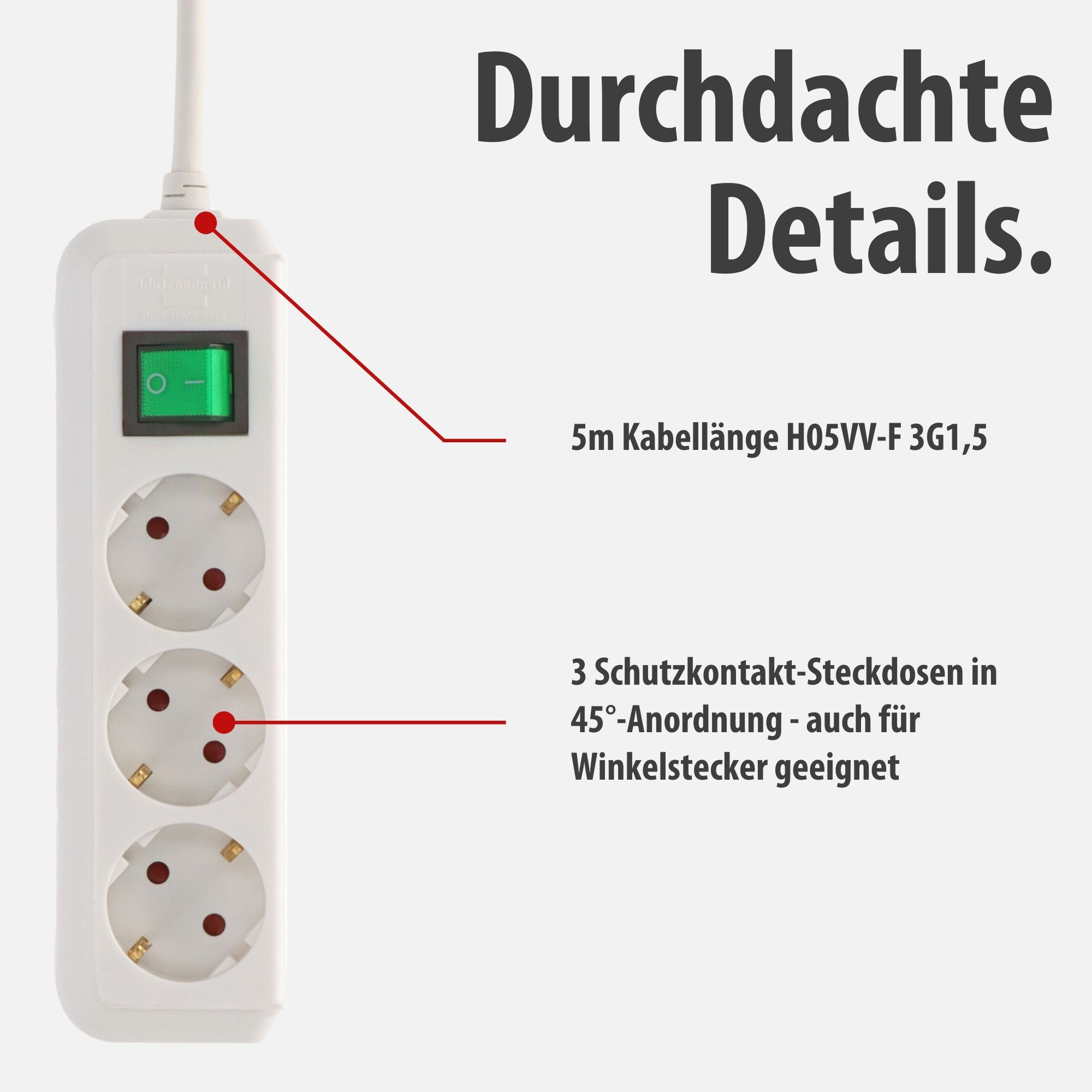 Weiße Steckdosenleiste mit 3 Steckplätzen, Ein-/Ausschalter und 5m Kabel.