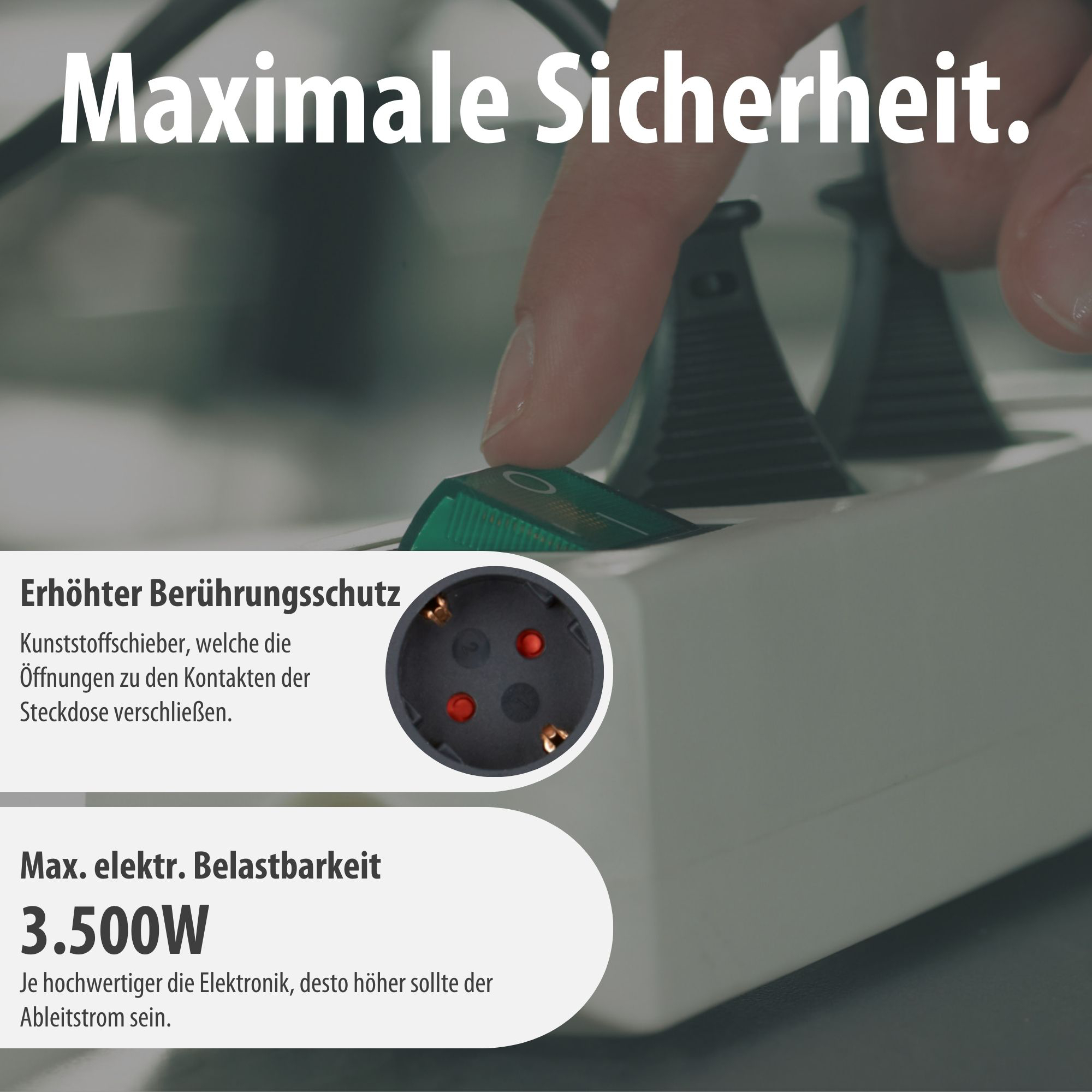 Ein Finger drückt einen grünen Schalter. Daneben Text über Sicherheit.