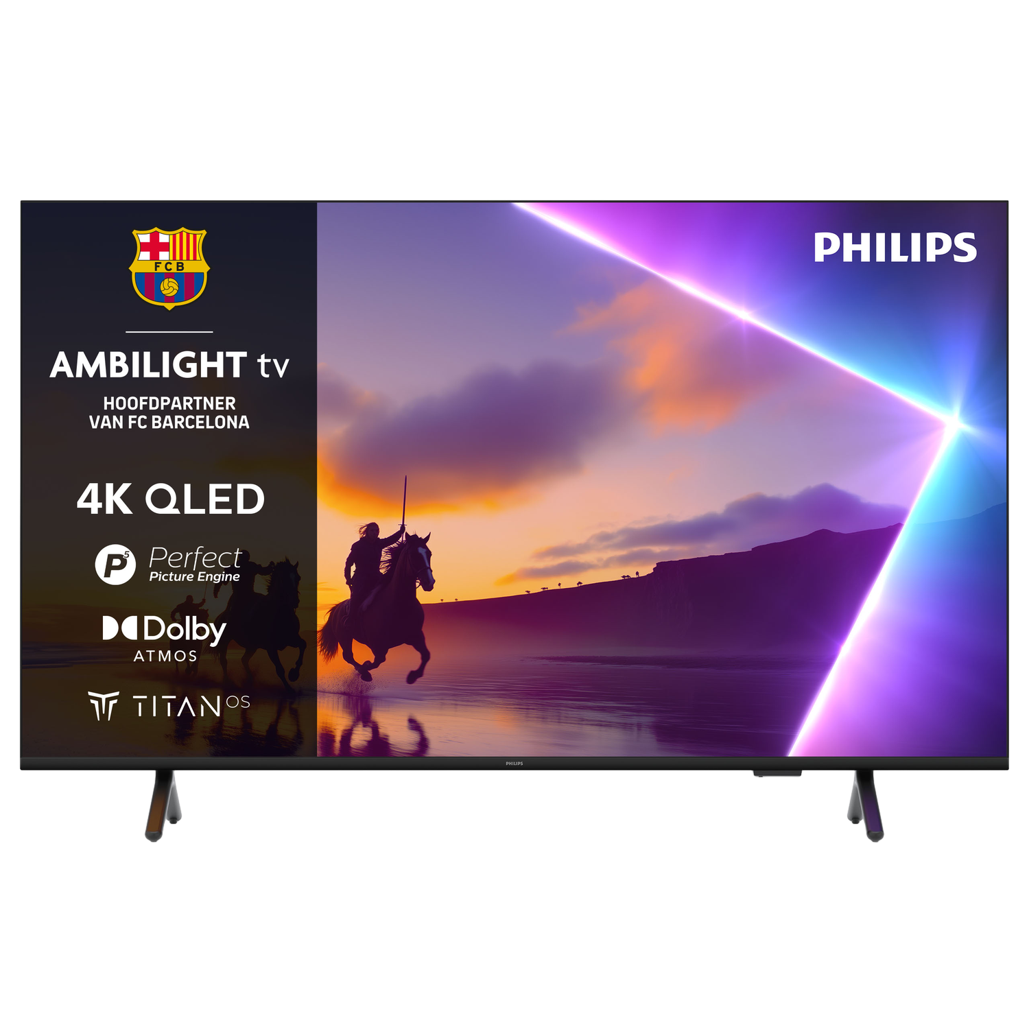 Philips 4K QLED TV met FC Barcelona logo, Ambilight en ridders te paard op scherm.