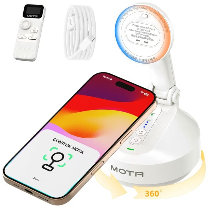 iPhone z rozpoznawaniem twarzy i akcesoriami na białej obrotowej podstawie 360°.