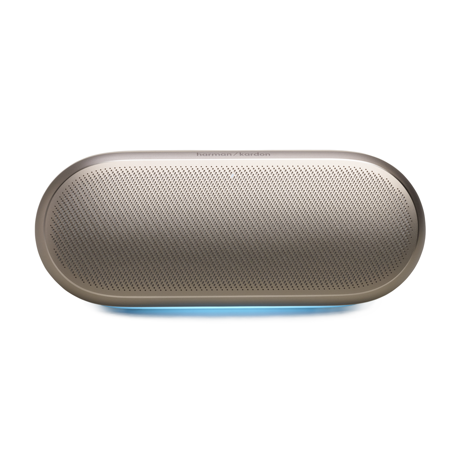 Harman/Kardon logolu, mavi aydınlatmalı oval altın rengi hoparlör.