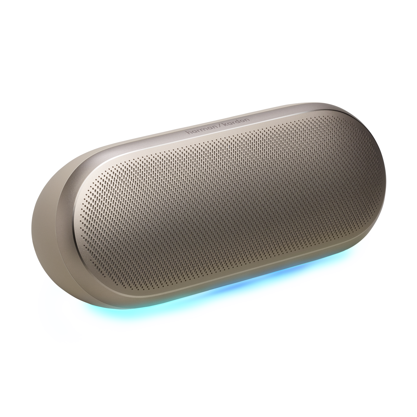 Harman/Kardon logolu, mavi aydınlatmalı, oval, altın rengi hoparlör.