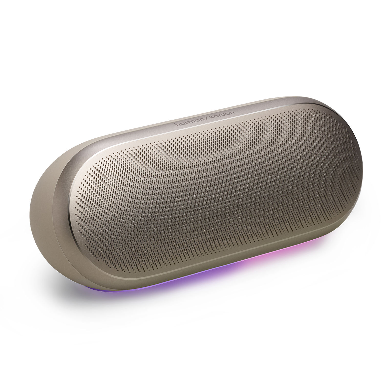 Harman Kardon logolu, mor aydınlatmalı oval altın rengi hoparlör.