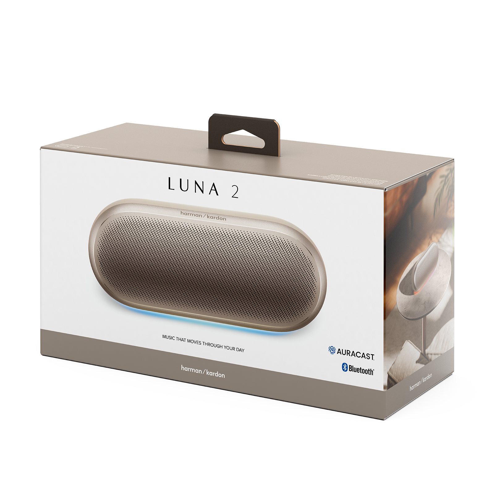 Bej rengi Harman Kardon LUNA 2 Bluetooth hoparlör kutusu.