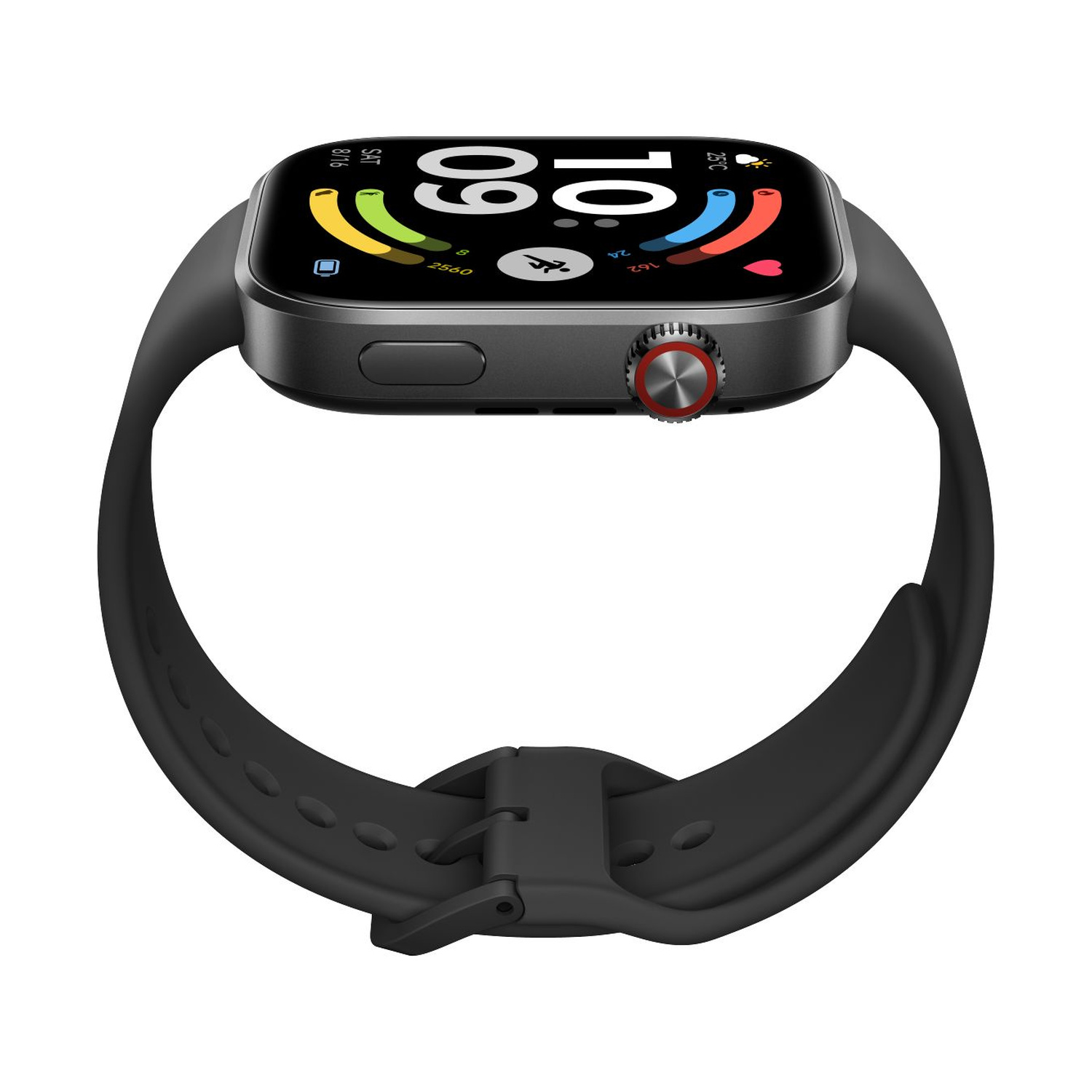 Orologio smart nero con display digitale che mostra ora, data e informazioni meteo.