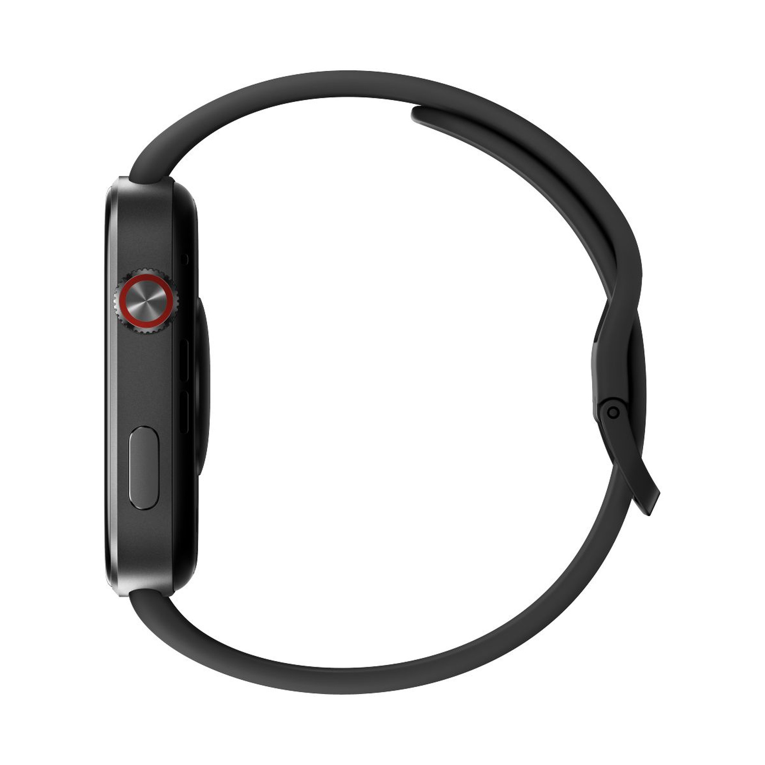 Uno smartwatch nero con cinturino nero, visto di lato.