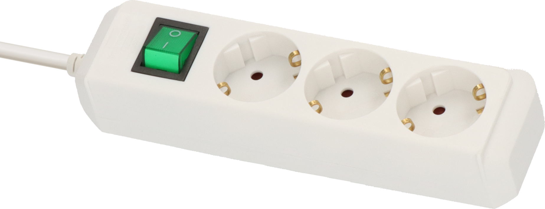 Ein wei0er Mehrfachsteckdosenadapter mit drei Steckdosen und gr0nem Schalter.