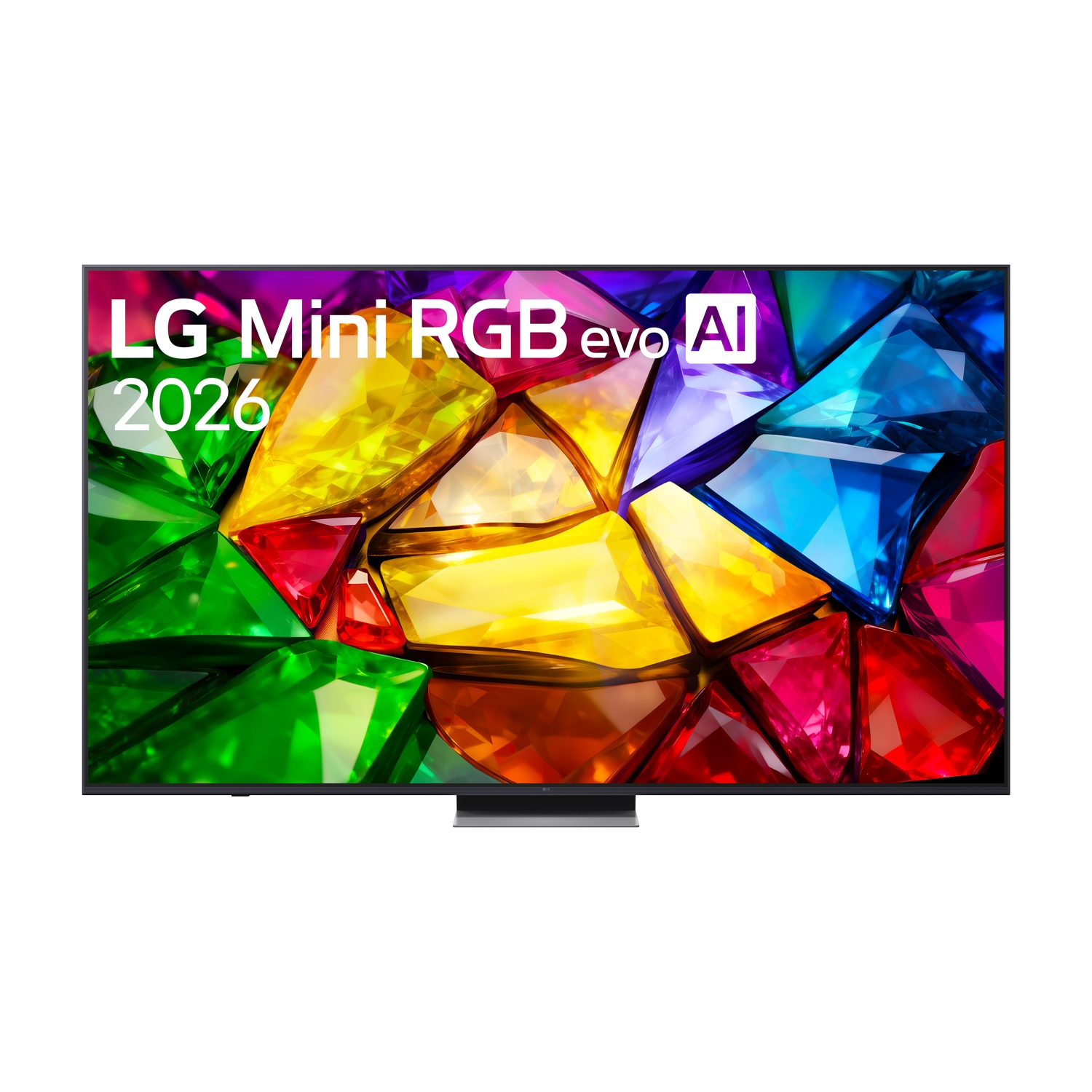 Una TV LG Mini RGB evo AI 2026 con uno sfondo di gemme colorate.