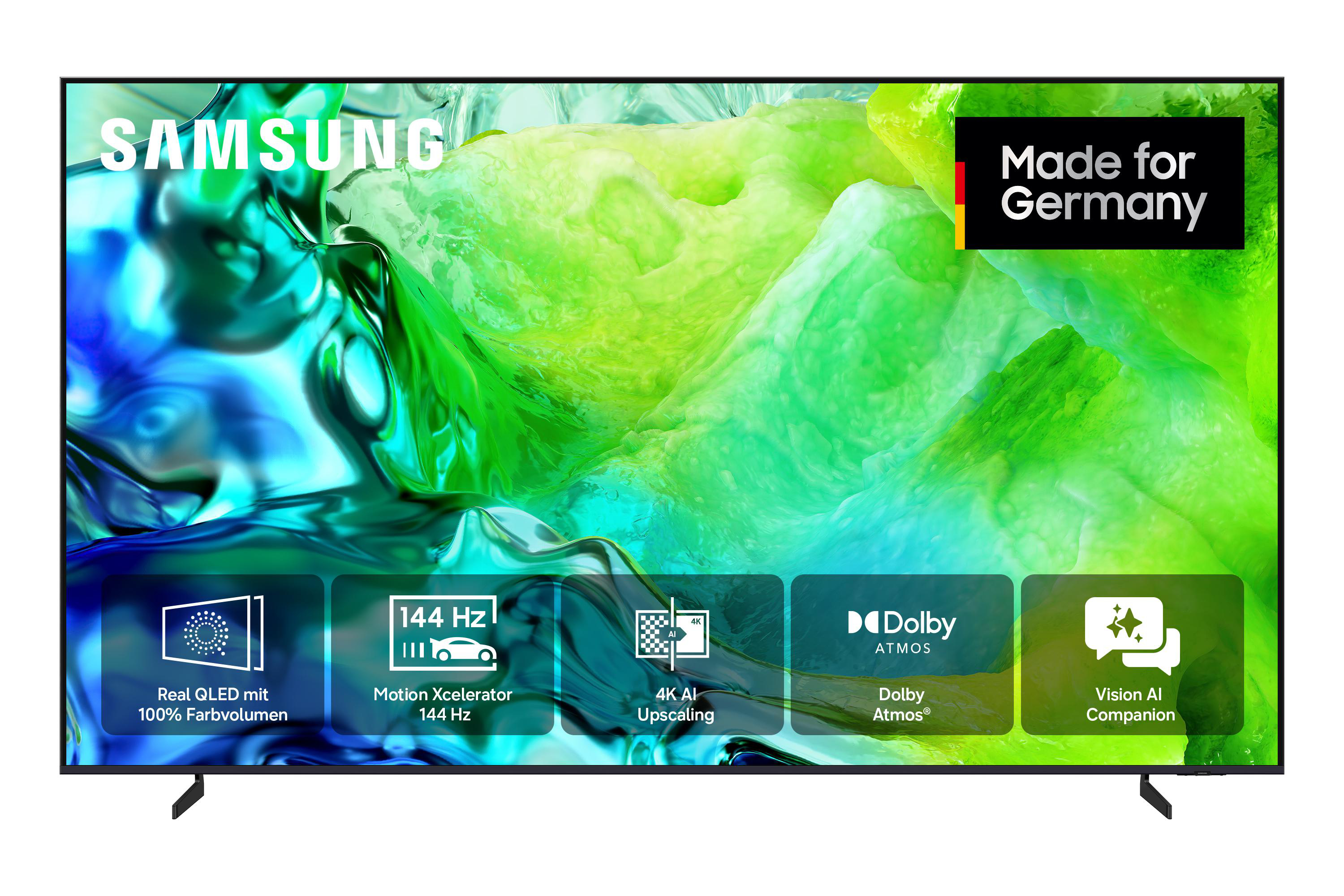 Samsung QLED TV mit Dolby Atmos, 144Hz, 4K AI Upscaling, Made for Germany.