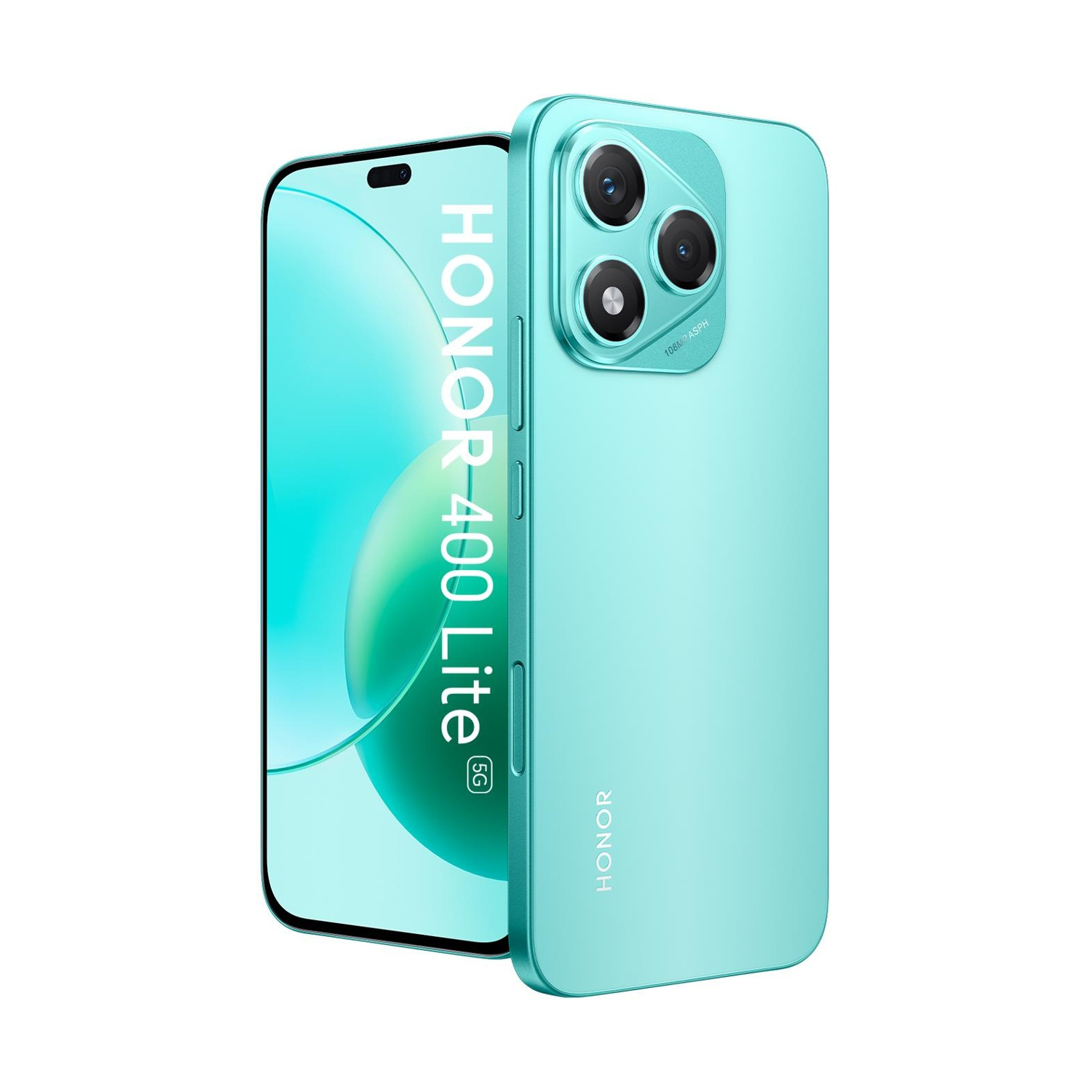 Uno smartphone Honor 40 Lite 5G turchese con tripla fotocamera posteriore.