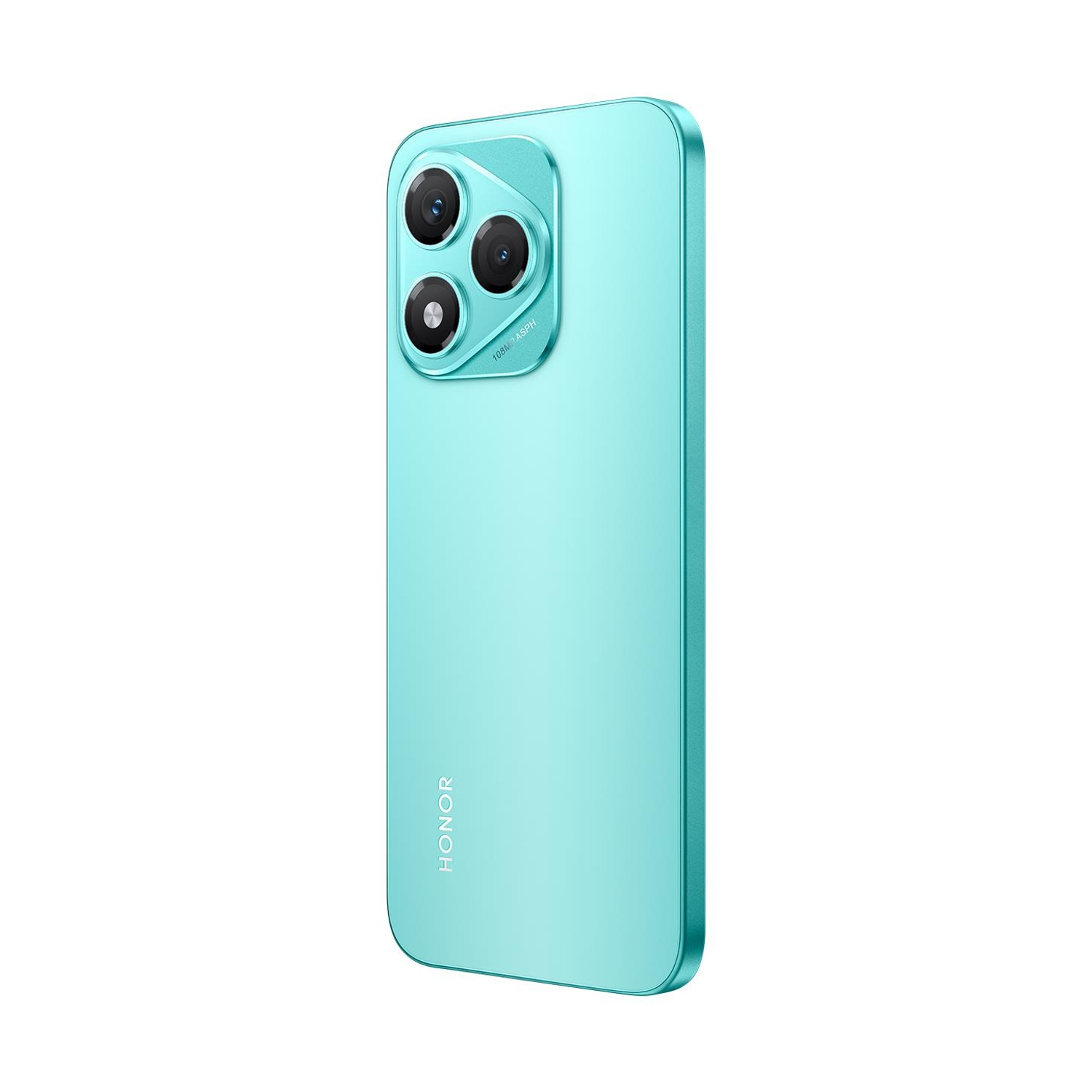 Uno smartphone turchese con tre fotocamere posteriori e il logo HONOR.