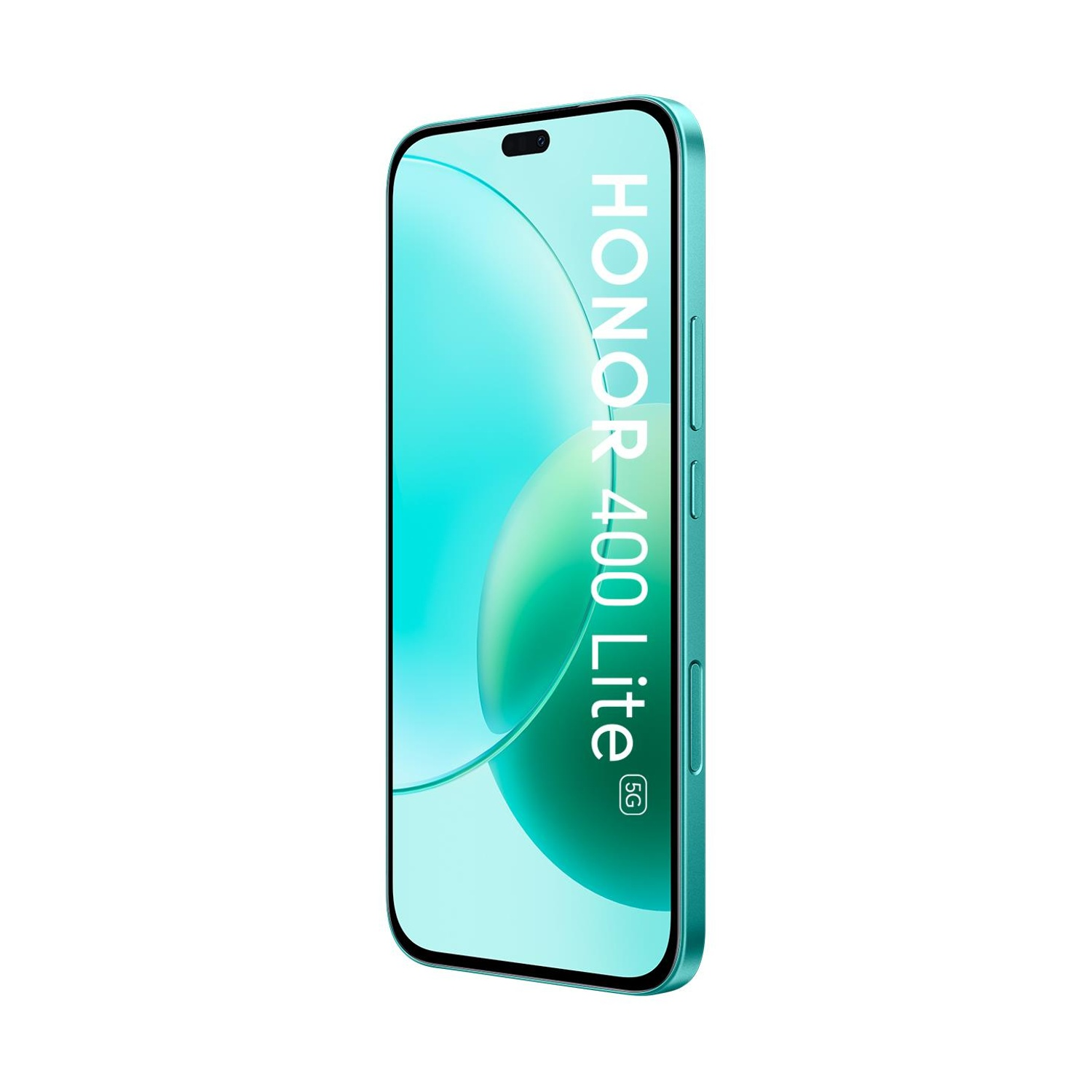 Un telefono Honor 40 Lite 5G turchese su sfondo bianco.